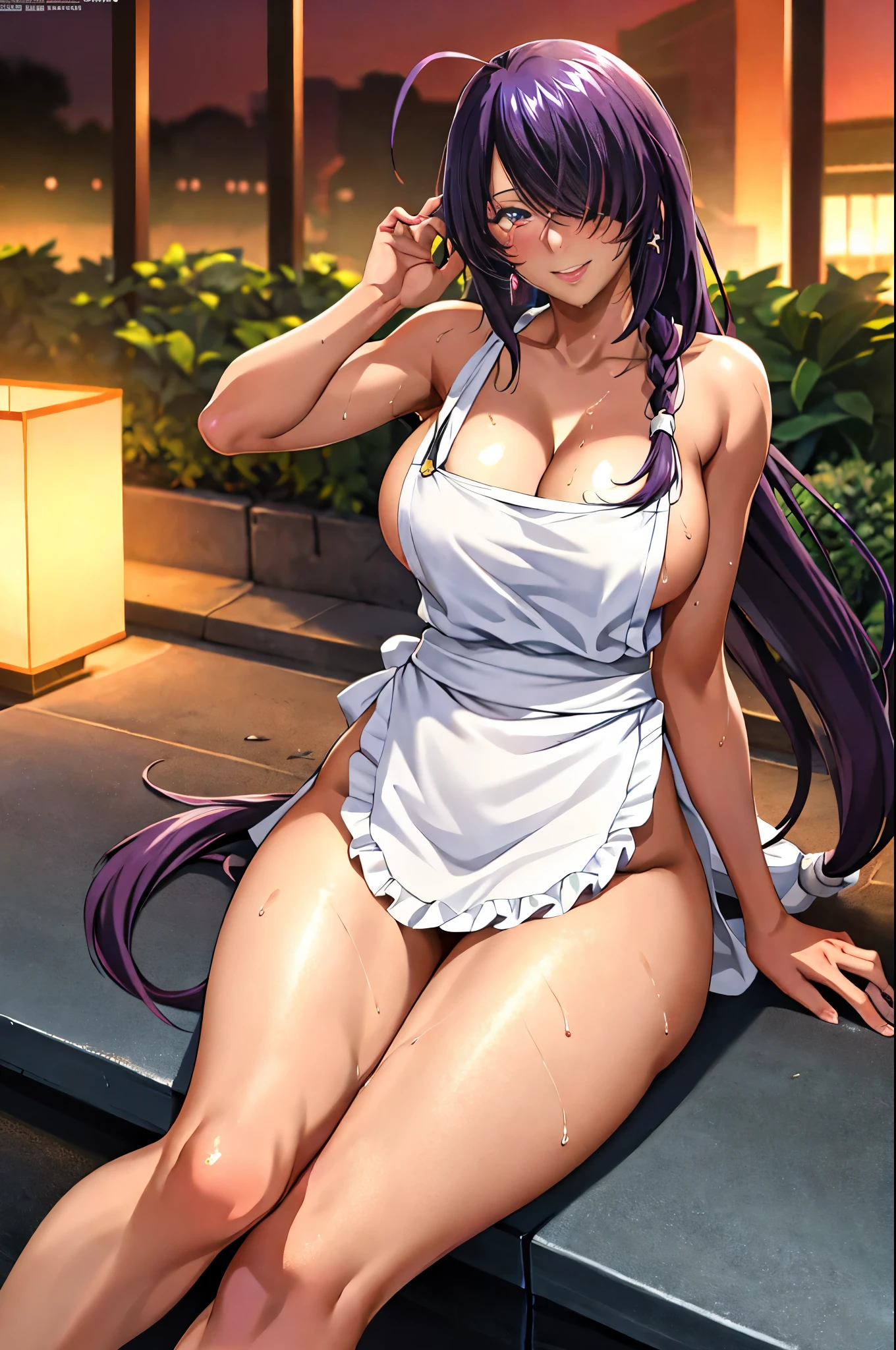 unparalleled masterpiece, 8k, high quality,perfect artwork, outdoor, 1girl,18yo,muscular female, kanu unchou,(naked apron:1.2), earrings, loafers, low-tied long hair, hair over one eye,  clean, beautiful face, pure face, pale skin, shiny hair, colored inner hair, detail hair, Long eyelashes, braid, (finely detailed beautiful eyes and face), hyper extreme detailed, stunning lighting effects, (sexy pose:1.2),large breasts,erected nipples,cleavage,(red blush,smile:1.2),sitting,(sweat:1.2),from below,spread legs,pub background