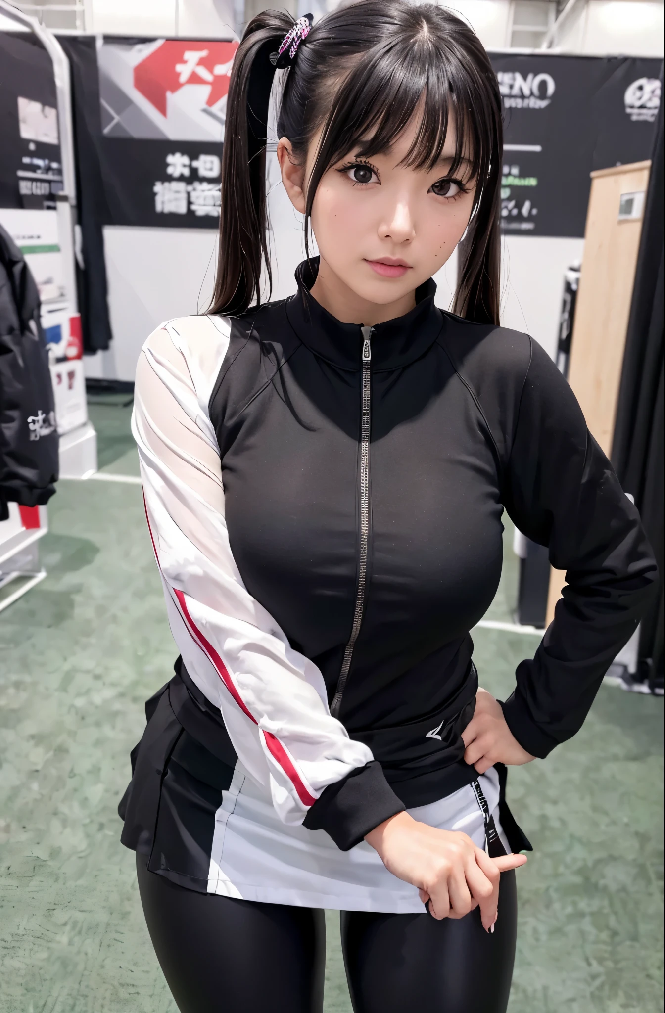 masutepiece, Best Quality, Extremely detailed, (Photorealistic:1.4), (8K, 4K, Best Quality, hight resolution, 超A high resolution:1.1), 8K portrait,Japaese Girl,Plump , announcer,control panels,Blunt bangs,jockey boots,dark black leggings,tight skirt,She is in exhibition hall,promo girl