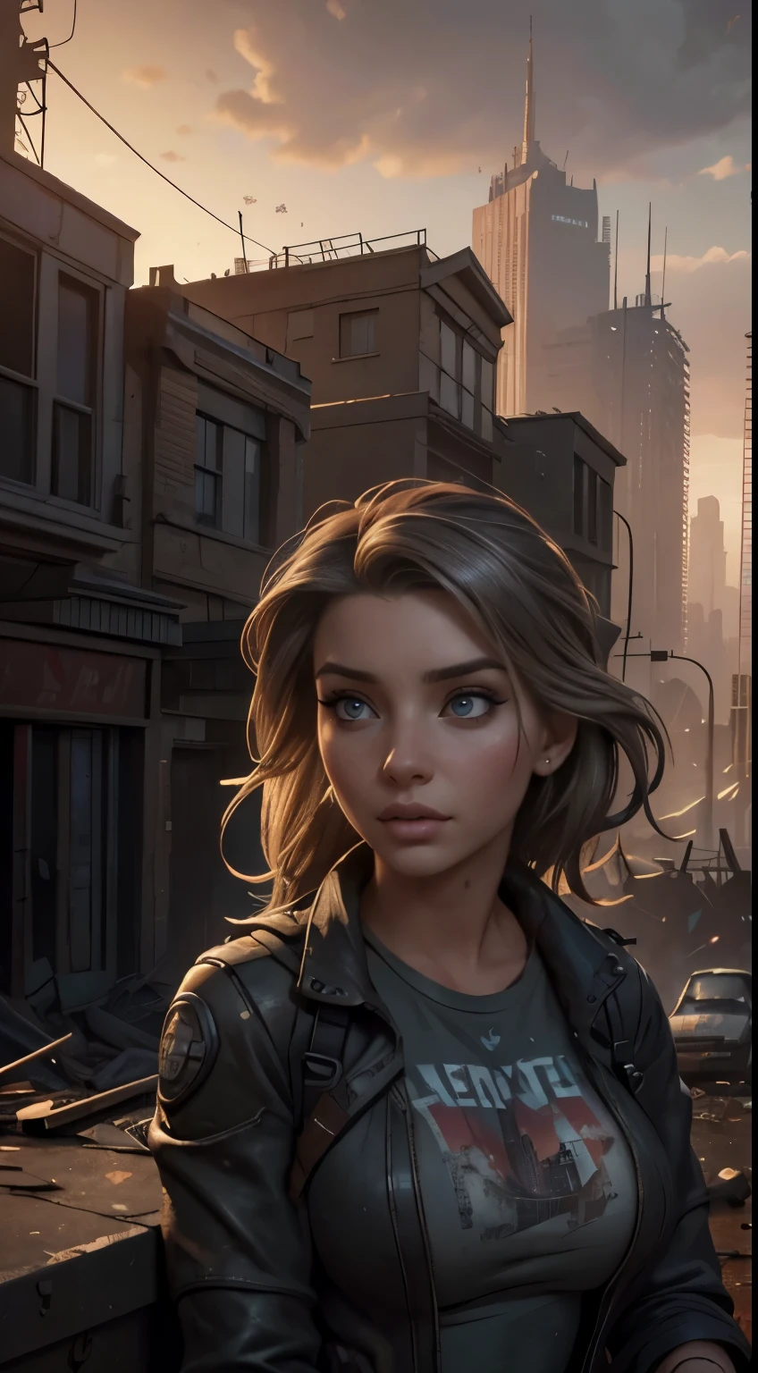 Foto hiperrealista en primer plano de Emily Sears , masterpiece, best quality, (photorealistic:1.4),  Create dystopian masterpieces. Depict the cityscape in the gritty style of the game's concept art. This work should evoke a sense of abandonment and despair in a futuristic, post-apocalyptic world. Notice the intricacies of detail, the sharp focus.