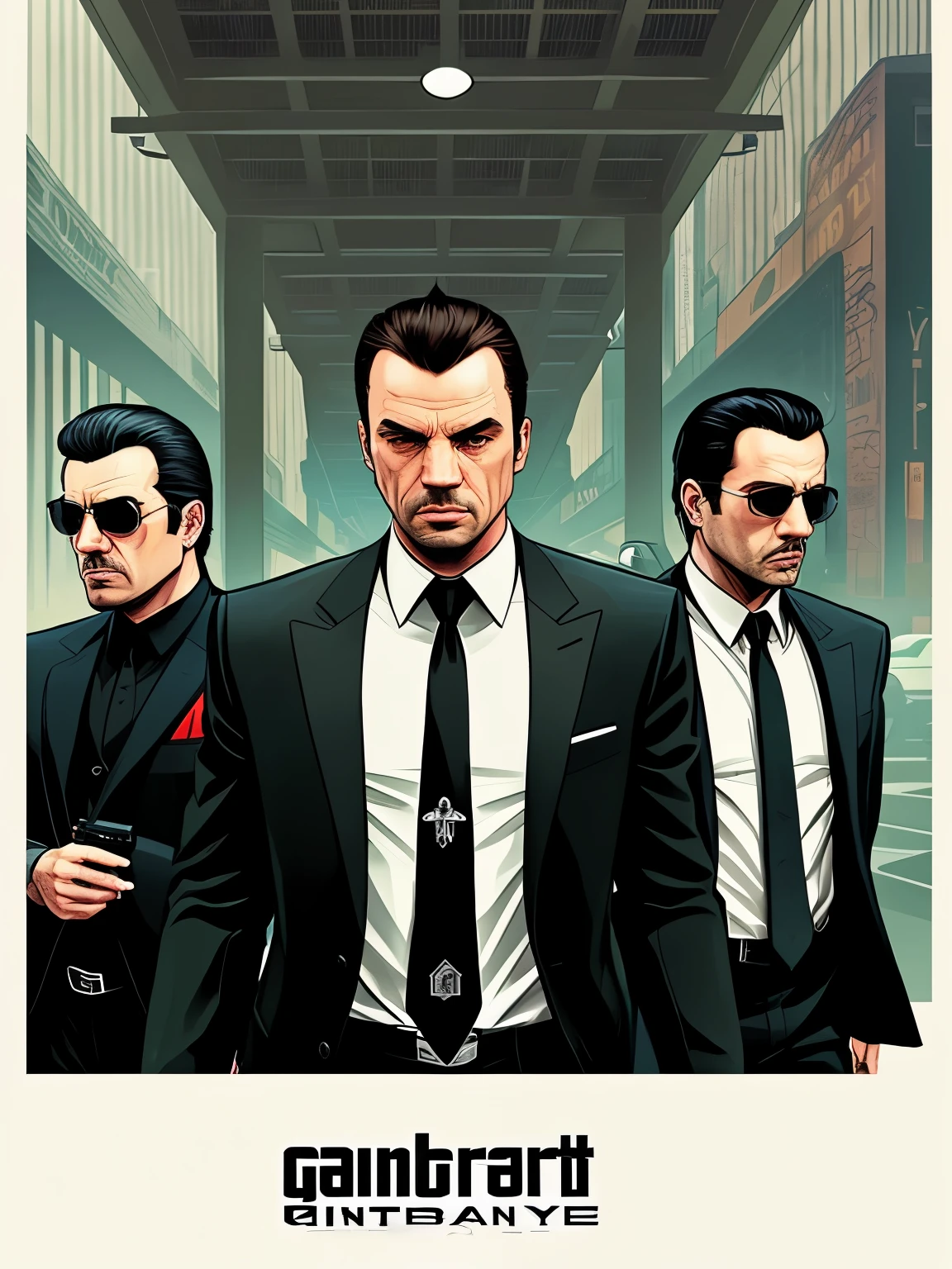 Grand Theft Auto 6 Design, Three men ((gangster)) They were just wearing black suits when they left the bank,With a bag full of money, Mafia , guns, Full-color illustrations are realistic, Award-winning color illustration, (intricate details), (fine details)