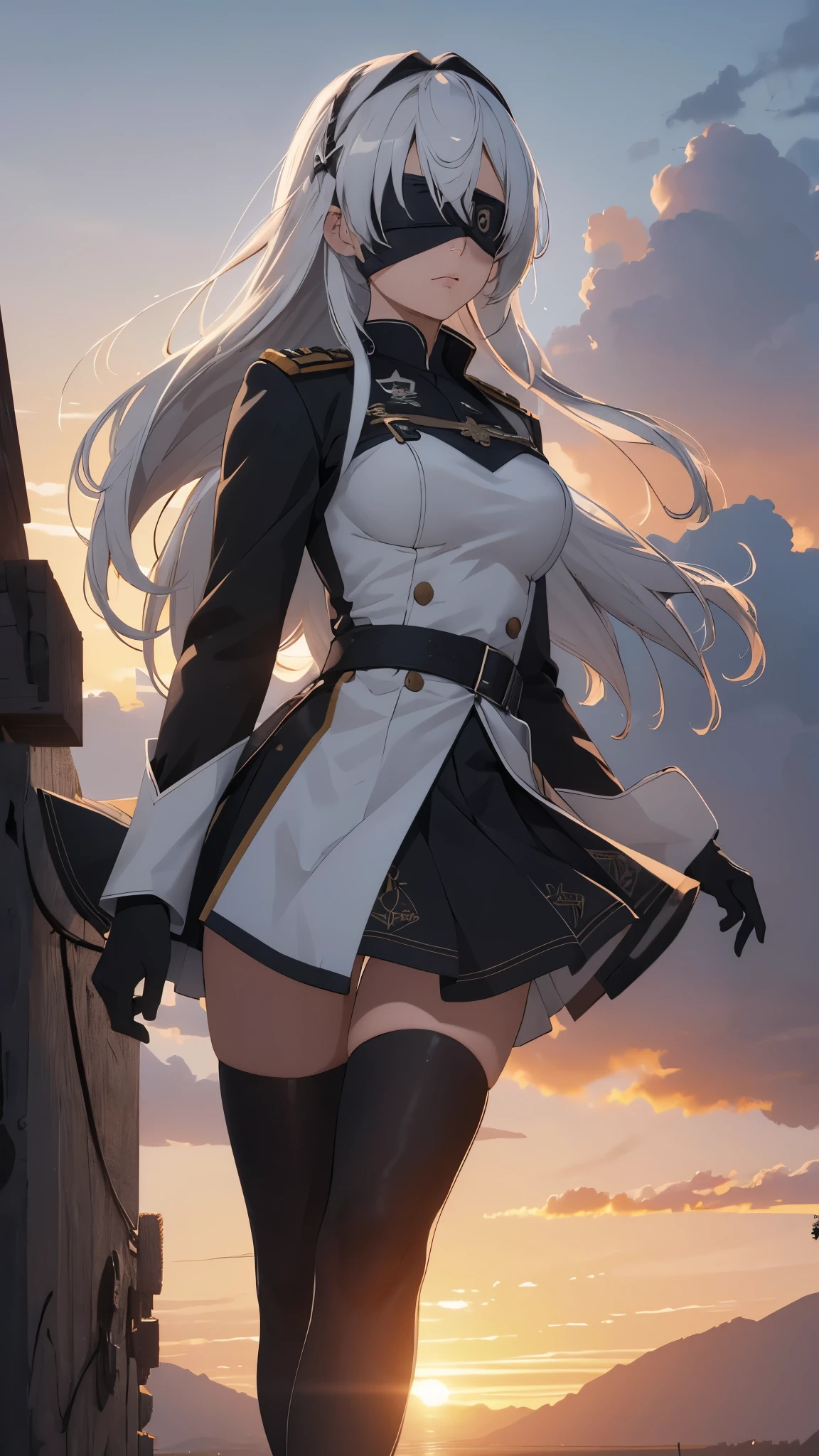 The Perfect Girl, perfect details, Ultra HD |, 8K, Professional photo(extremely detailed CG unity 8k wallpaper), (masterpiece), (best quality), (ultra-detailed), (best illustration), (best shadow), (absurdres), 2b, 1girl, long hair, normal size , white hair, blindfold solo, Intimidating women, admiral uniform, night, hero pose, white clothes, General Uniform, Military Uniform, Dawn, exposed to sunlight, commander, black clothes, sunkissed, sunset background