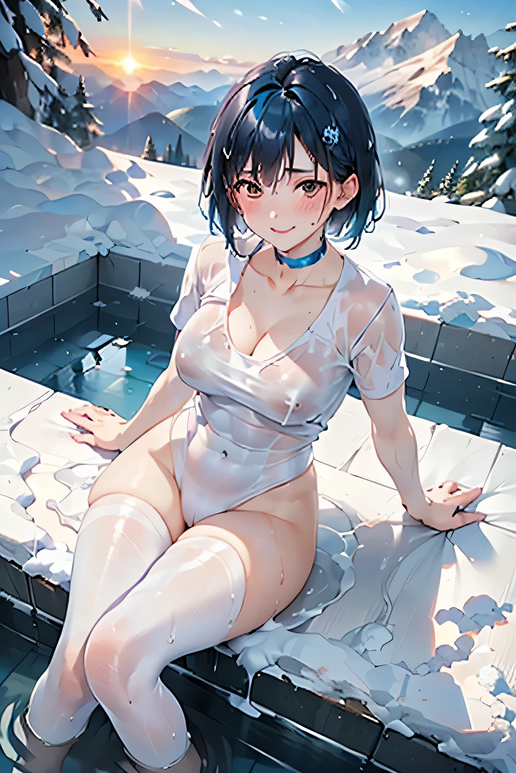 (photorealistic:1.3, highest quality:1.3,8Kmasterpiece, masterpiece:1.3,High resolution,muste piece:1.2),A 23-year-old woman bathed in a hot spring,(white leotard:1.3,choker), Clean wet skin, (looking at the camera:1.2),(View from above:1.2), (short hair:1.2,wet bright blue hair:1.5), (blushing:1.3,smile:1.3), (lie down),(full of sweat:1.3),open-air bath,steam,vapor,background(snow scene,snow mountain:1.3, sunrise:1.3),(Bold pose with legs spread,dynamic pose:1.2),(Wet clothes stuck to my skin:1.4),(Nipples visible through clothing),(genitals visible through clothing),(Butt visible through clothes),(slender, abs:1.2),(young skinny gravure idol, sophisticated gravure idol),(detailed perfect face),normal hands:1.5,normal finger:1:5,normal feet:1.5