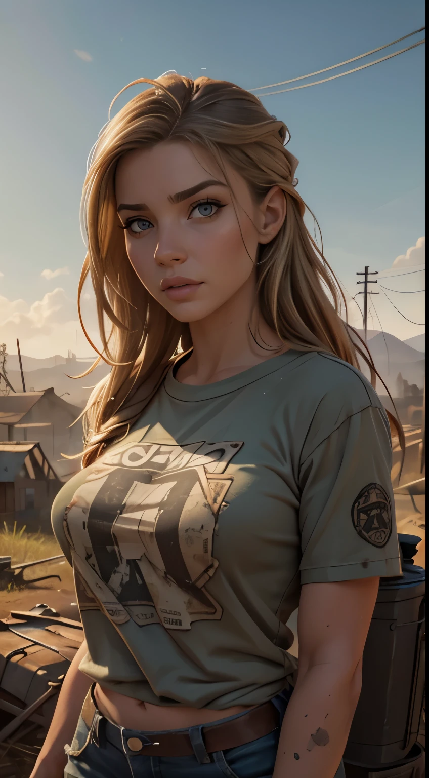 Foto hiperrealista en primer plano de Emily Sears wear dirty t-shirt, masterpiece, best quality, (photorealistic:1.4), Create dystopian masterpieces. Depict a rural landscape in the rugged style of the game's concept art. This work should evoke a sense of abandonment and despair in a futuristic, post-apocalyptic world. Notice the intricacies of detail, the sharp focus.