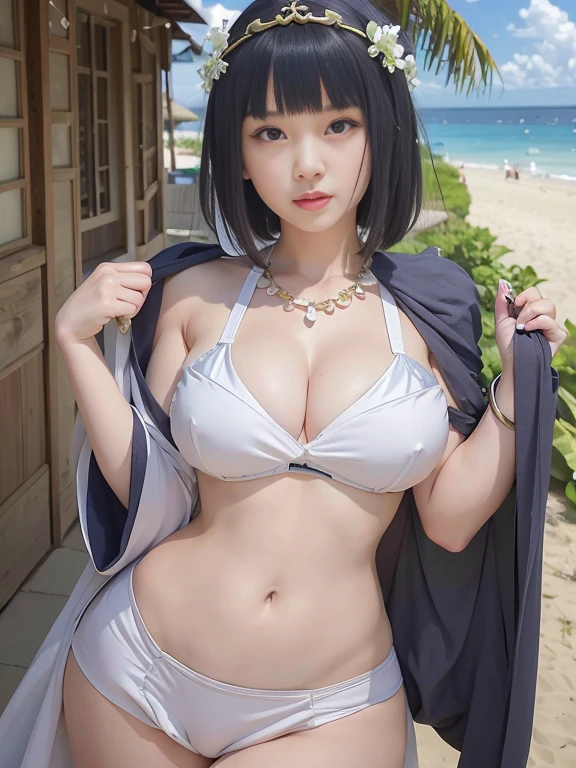 1girl, breasts, solo, swimsuit, hyuuga_hinata, beach, bikini, large_breasts, jewelry, outdoors, navel, deep_blue_hair, short_hair, white_eyes, cleavage, white_bikini, necklace, open_mouth, smile, bangs, day, hair_ornament, ocean, bracelet, sky, flower, looking_at_viewer, cloud, hair_flower, beautiful young Asian on the beach, silky skin, silky body, beautiful Japanese women, Gorgeous young Korean woman, Korean girl, Beautiful Asian girl, cleavage, Beautiful young Indonesian woman, Sexy girl, Indonesian woman, white tight t-shirt, Beautiful Indonesian woman, wearing tight shirt, Indonesian model, very attractive and beautiful, Indonesian chinese models, Asian girl, wearing a cute top