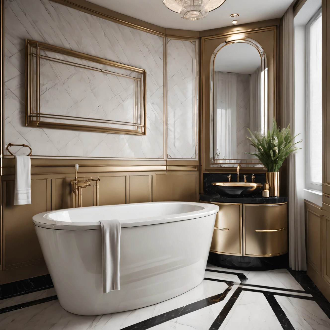 Artistic photography for publication in an elite glossy magazine, a spacious Art deco bathroom, modern expensive finish, expensive materials, clear geometric lines in strict accordance with the Art deco style, high detail, complete photorealism, Art deco