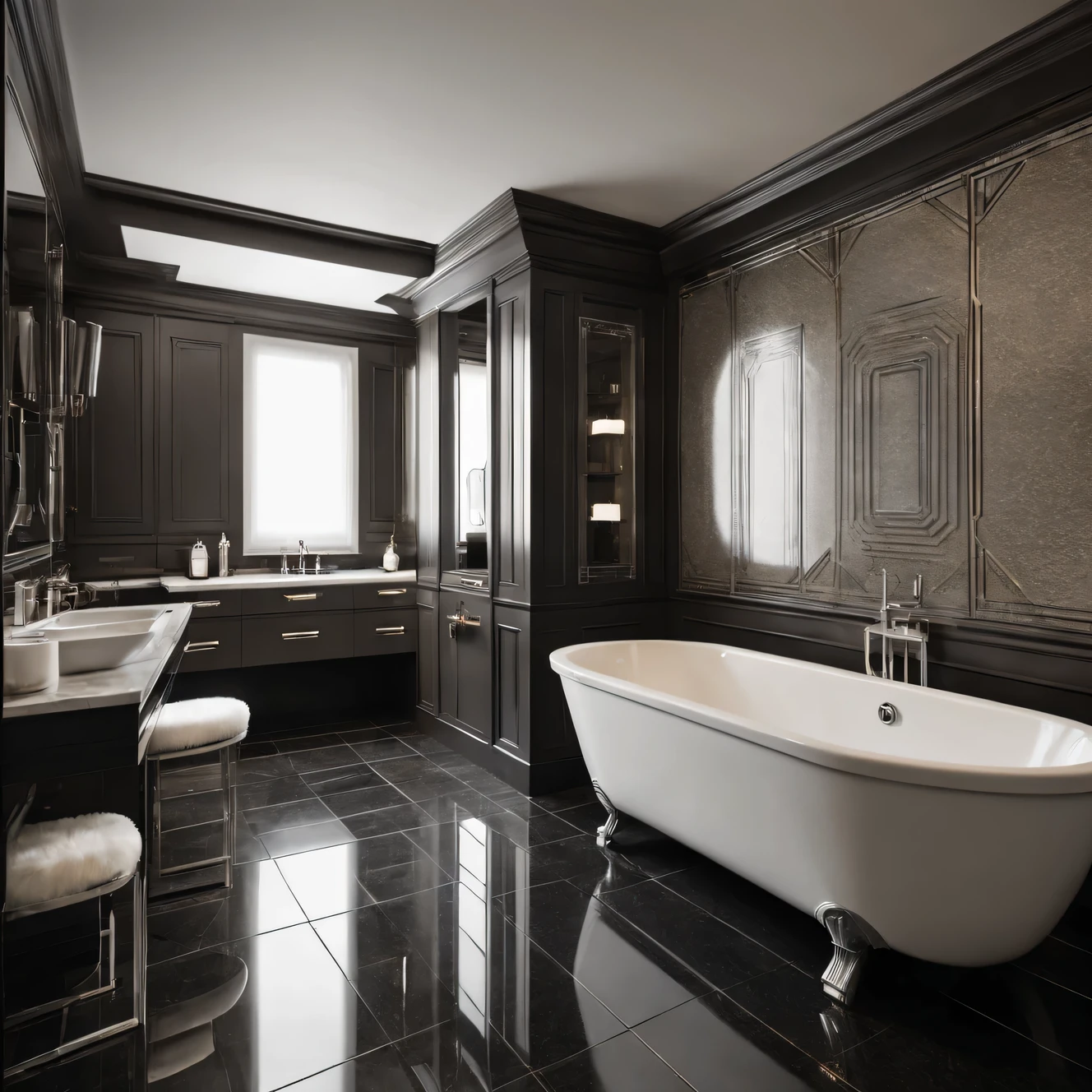 Artistic photography for publication in an elite glossy magazine, a spacious Art deco bathroom, modern expensive finish, expensive materials, clear geometric lines in strict accordance with the Art deco style, high detail, complete photorealism, Art deco