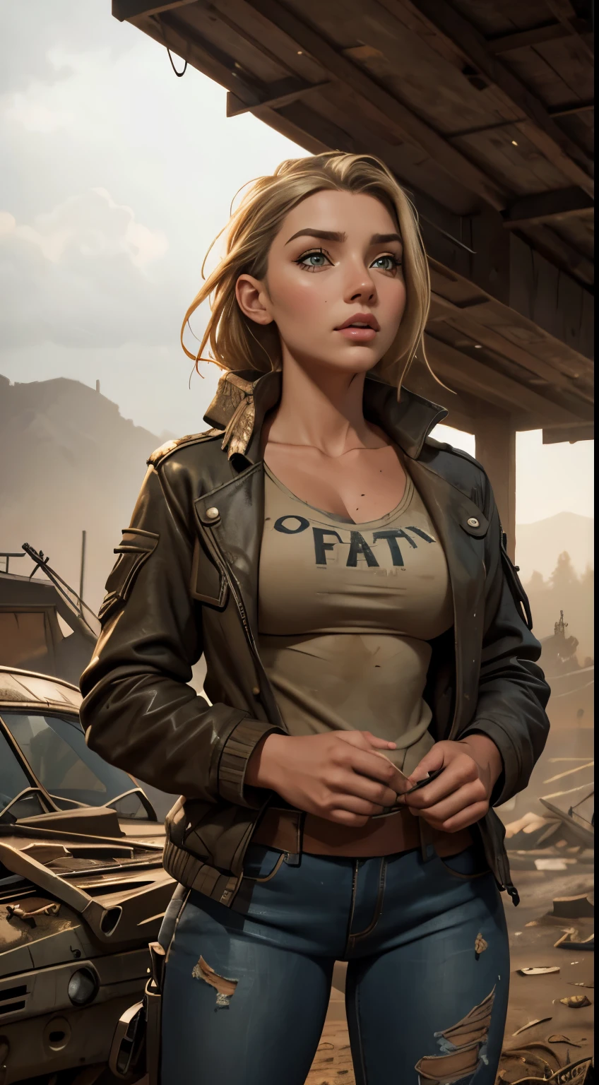 Foto hiperrealista en primer plano de Emily Sears wear dirty jacket, masterpiece, best quality, (photorealistic:1.4), Create dystopian masterpieces. Depict a rural landscape in the rugged style of the game's concept art. This work should evoke a sense of abandonment and despair in a futuristic, post-apocalyptic world. Notice the intricacies of detail, the sharp focus.