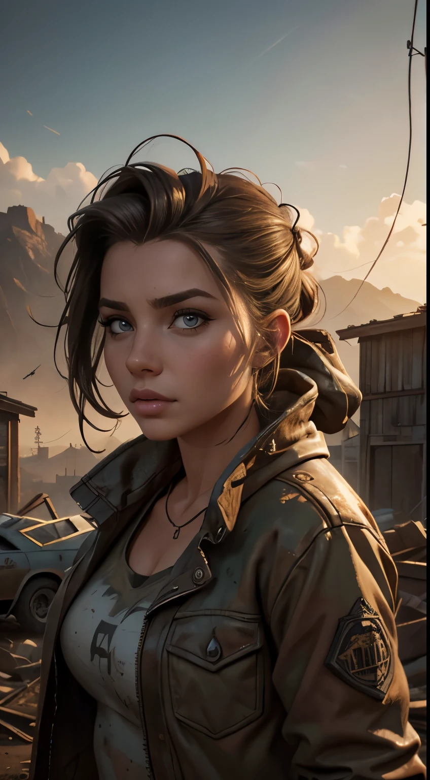Foto hiperrealista en primer plano de Emily Sears wear dirty jacket, masterpiece, best quality, (photorealistic:1.4), Create dystopian masterpieces. Depict a rural landscape in the rugged style of the game's concept art. This work should evoke a sense of abandonment and despair in a futuristic, post-apocalyptic world. Notice the intricacies of detail, the sharp focus.