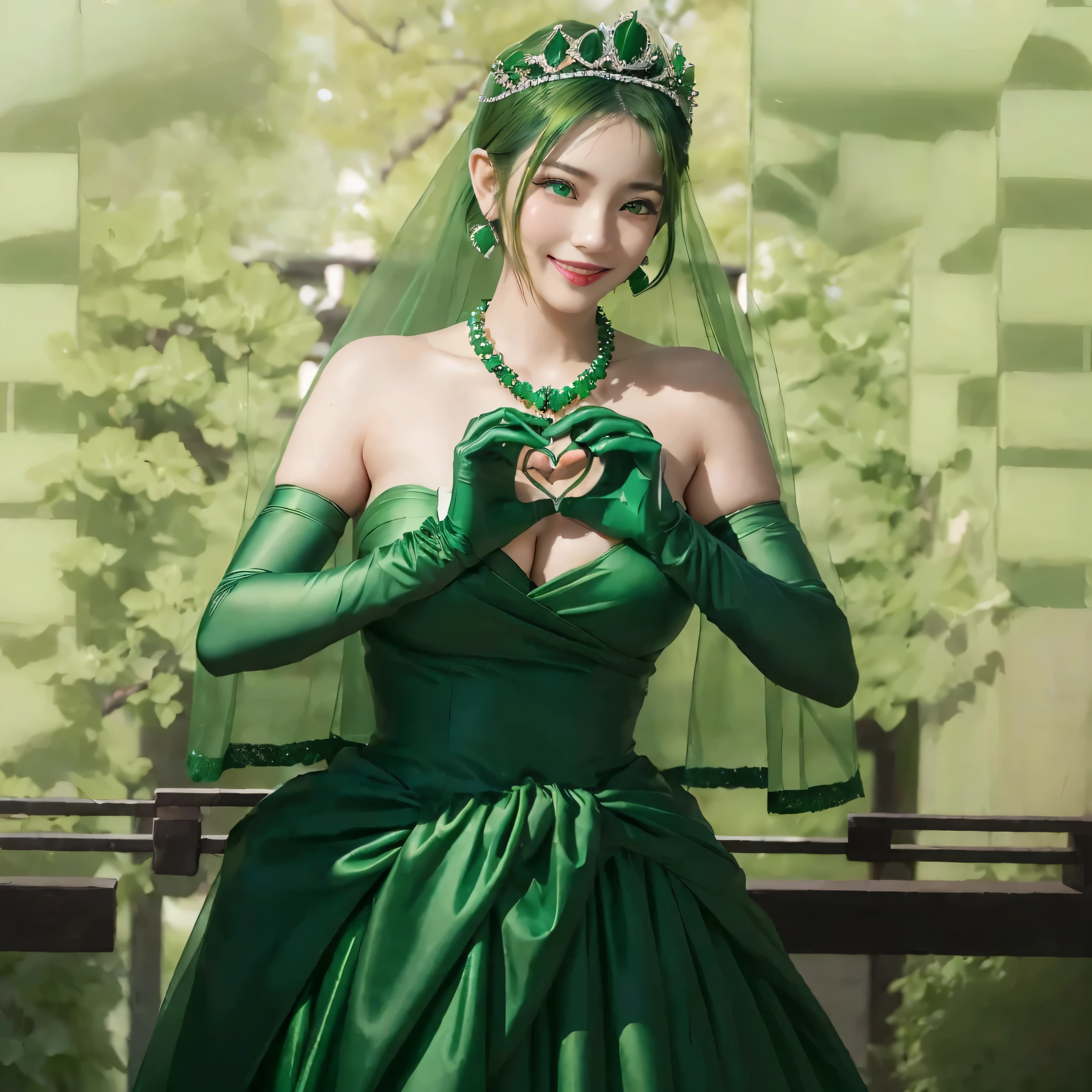 (masterpiece:1.3), (8K, realistic, RAW photo, highest quality: 1.4), (1 girl), beautiful face, (realistic face), (green hair, short hair:1.3), beautiful hairstyle, realistic eyes, beautiful and detailed eyes, (realistic skin), beautiful skin, emerald tiara, green pearl necklace, ボーイッシュな非常に短いgreen hair, lipstick, smiling Japanese woman, very short hair, big breasts beautiful, green eyes, Long Green Satin Gloves, green eyes, emerald earrings, green veil, 両Heart in the hand, Heart in the hand, green hair