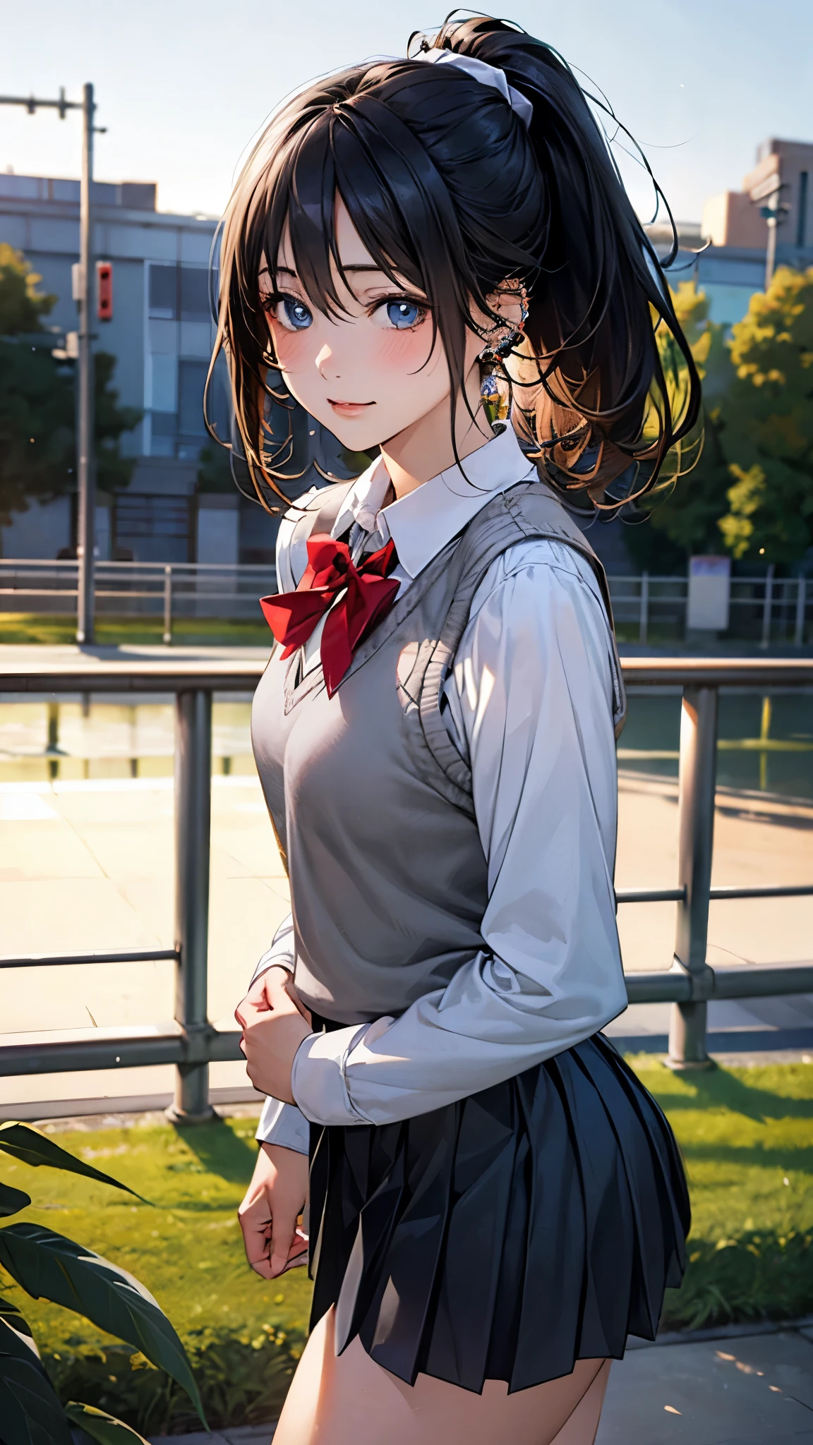 (masterpiece:1.2, top-quality), (realistic, photorealistic:1.4), beautiful illustration, (natural side lighting, movie lighting),
looking at viewer, cowboy shot, front view, 1 girl, japanese, high school girl, perfect face, cute and symmetrical face, shiny skin, babyface,
(middle hair, ponytail, black hair), hair between eyes, blue eyes, (middle breasts, seductive thighs, big ass), piercings,
beautiful hair, beautiful face, beautiful detailed eyes, beautiful clavicle, beautiful body, beautiful chest, beautiful thigh, beautiful legs, beautiful fingers,
((long sleeve white collared shirts, grey pleated mini skirt)), red bow tie, light blue knitted vest,
(beautiful scenery), evening, park, walking, (lamentation),