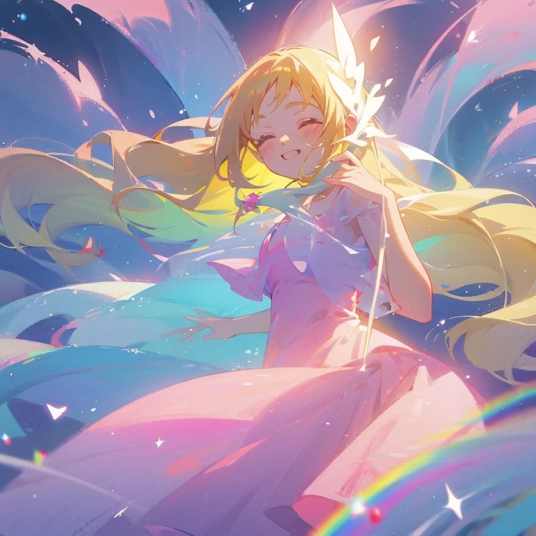 1 girl,15 years old,solo,big,anime,magical girl transformation,like carbonated water光の髪の毛,blonde,long hair,close both eyes,smile,see-through dresses,like carbonated water光でできたドレス,Pink dress,like carbonated water,wrapped in light,Rainbow-colored,cute,high quality,high resolution