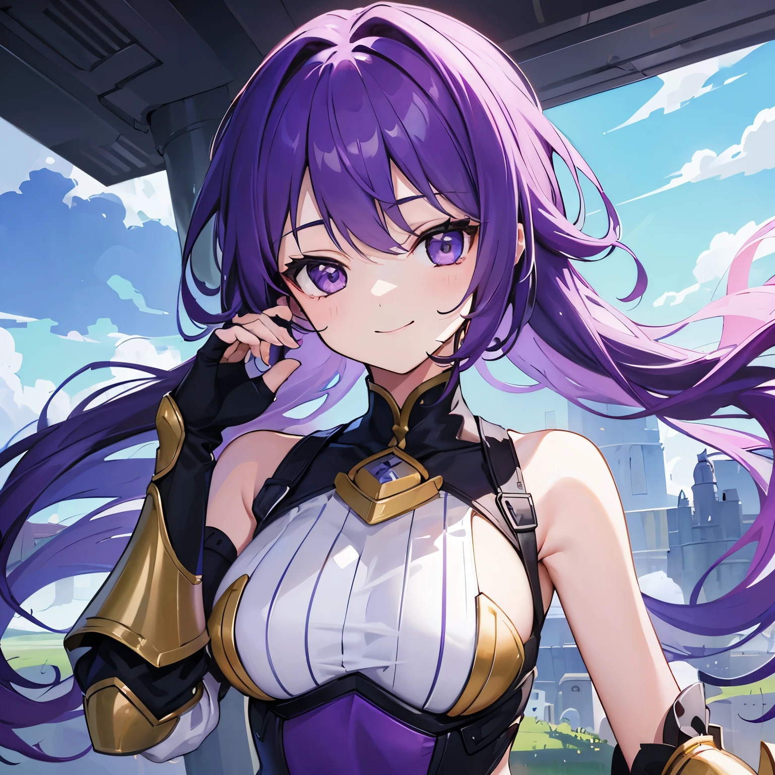 (T Masterpiece，4k wallpaper，best quality))、((girl１people))、(solo)、Brilliant，(purple hair)、(shortcut:1.3)、smile、Upper body、grassland、Princess、armor