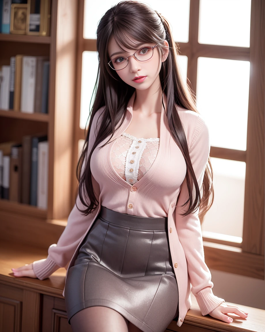 amazing realism, Bokeh, 1 girl (30 years old),Brown saliva,huge breasts,hard nipples,slim waist,wide hips,thick thighs,Stand by a bookshelf in the library,perfect butt,bubble butt,read, yellow pupils,with glasses,((blush)),shy,a small amount of freckles, ((brown cardigan, pink shirt and gray skirt)),((black pantyhose)),wavy blonde hair,long hair,hairpin, NSFW, beautiful detailed woman, beautifully detailed mouth, highly detailed eyes and face, beautiful and fine eyes,camel toe