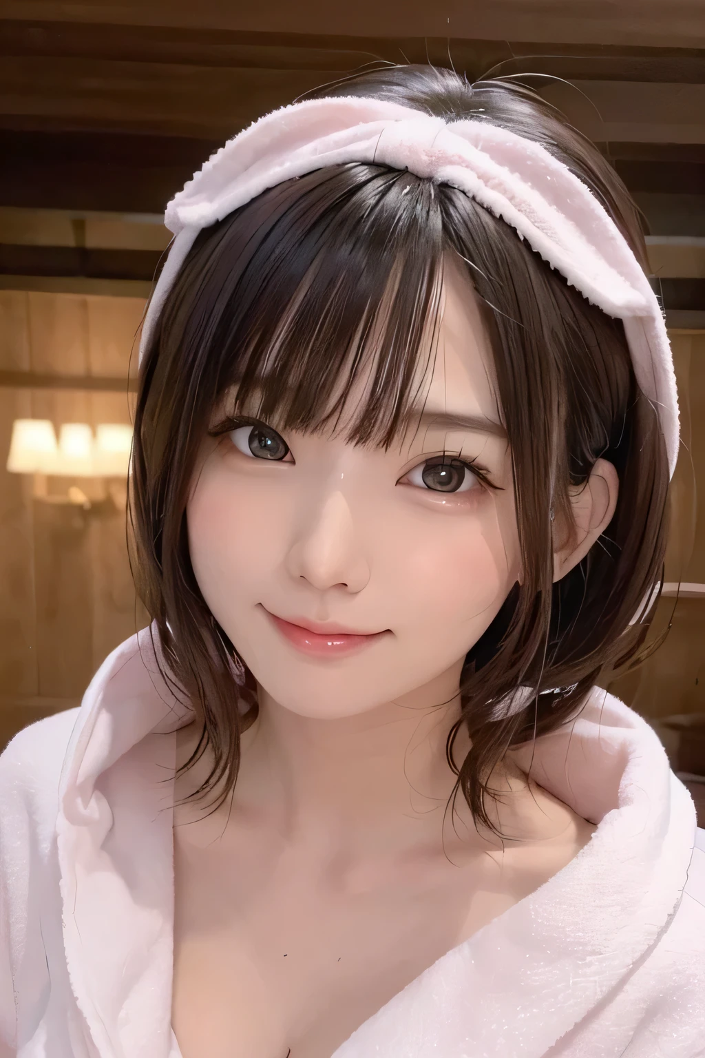 (((high details,high detail、masterpiece,attention to detail))),, realistic , ,young and cute , ,, smile,,,face is flushed,1girl,beautiful woman natural light、,,perm,shiny hair,((hair is wet:1.2)),,,,((flat body))、((slim))、、cute,(Close-up of a headshot:1.3),Wearing a thick light pink bathrobe、Ribbon headband made from towel fabric,up hair、(((Large bathrobe)))