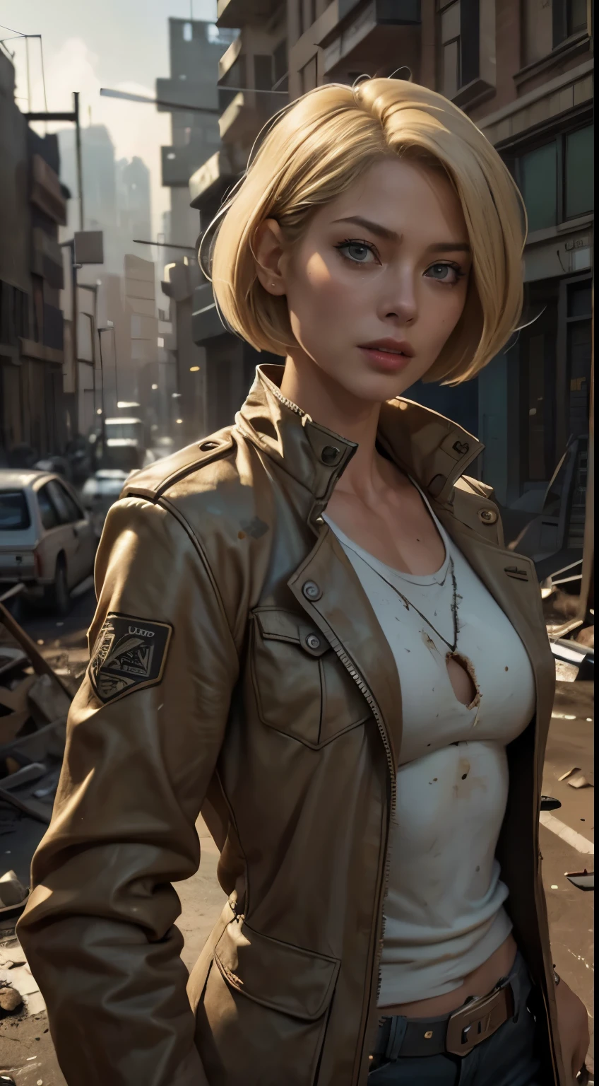 RAW photo of 50 years old Doutzen Kroes (short blond hair, bob cut) wear dirty jacket, mature woman, masterpiece, best quality, (photorealistic:1.4), Create dystopian masterpieces. Depict the cityscape in the gritty style of the game's concept art. This work should evoke a sense of abandonment and despair in a futuristic, post-apocalyptic world. Notice the intricacies of detail, the sharp focus.