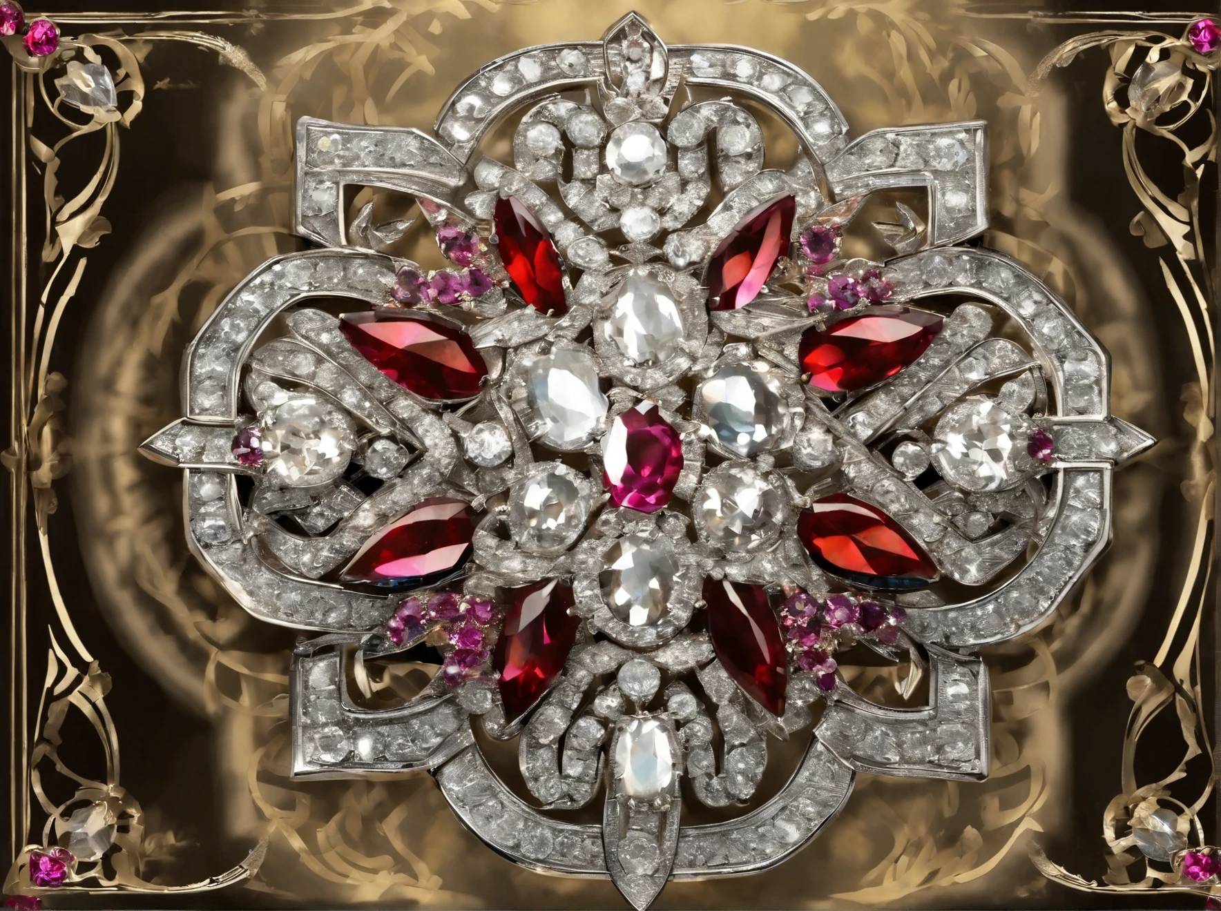 (8K, RAW photo, highest quality, masterpiece: 1.2), High-definition RAW color photo, Professional photography, Art deco characteristics, Simplified linear and geometric design, simple repeating pattern, Art Deco styleのブローチ, A sparkling diamond brooch on the chest, Art Deco style, beautiful design, ((Beautiful linear and symmetrical three-dimensional form)), The brilliance of rose cut diamonds, sleek design, Antique jewelry using diamonds and natural pearls, antique brooch, art deco style beauty, enchanting shine, A sighing atmosphere, elegant taste, meticulous attention to detail, High resolution, high detail, Highly detailed photos,