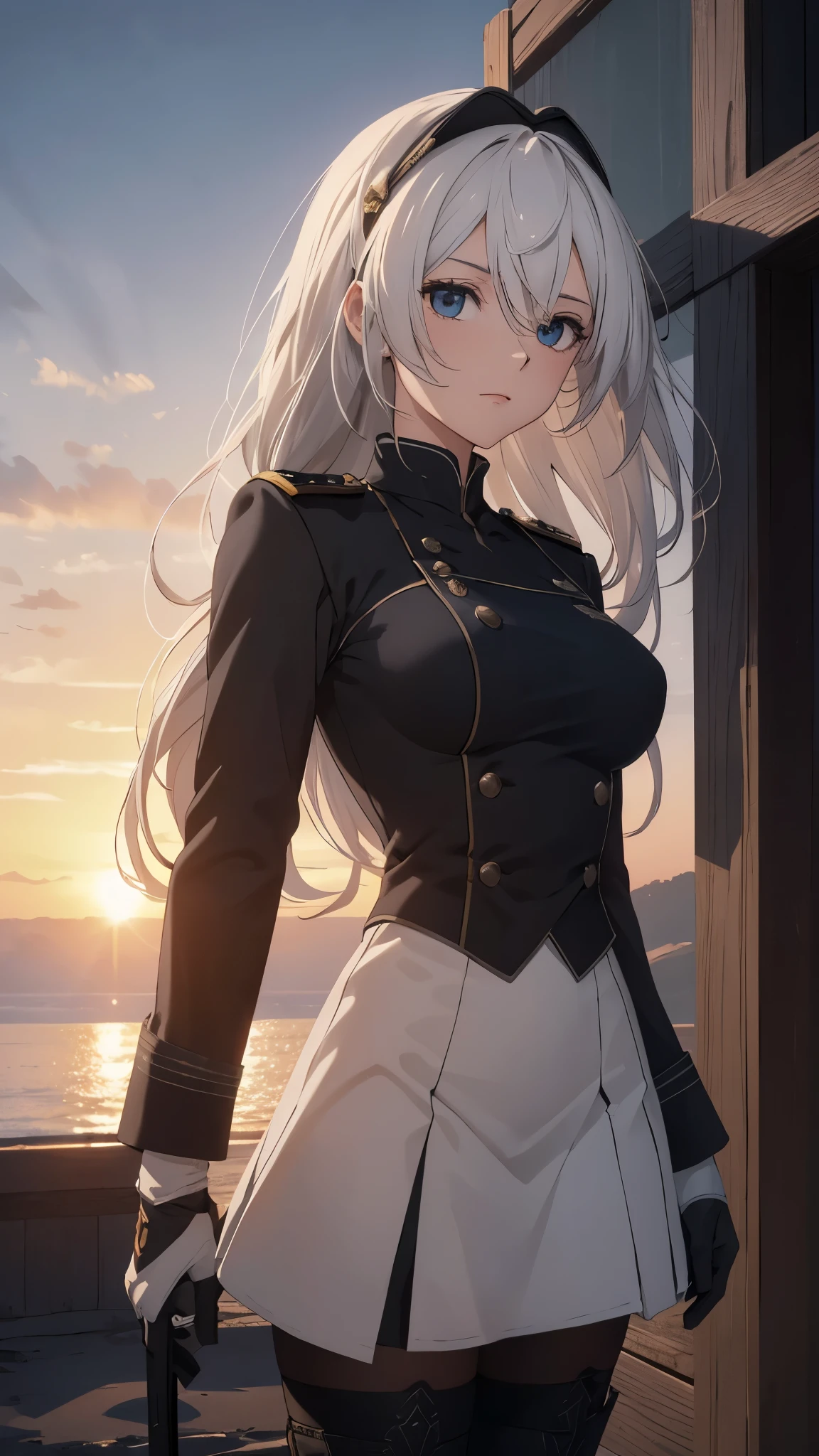The Perfect Girl, perfect details, Ultra HD |, 8K, Professional photo(extremely detailed CG unity 8k wallpaper), (masterpiece), (best quality), (ultra-detailed), (best illustration), (best shadow), (absurdres), 2b, 1girl, long hair, normal size , white hair, Intimidating women, admiral uniform, night, hero pose, white clothes, General Uniform, Military Uniform, Dawn, exposed to sunlight, commander, black clothes, sunkissed, sunset background