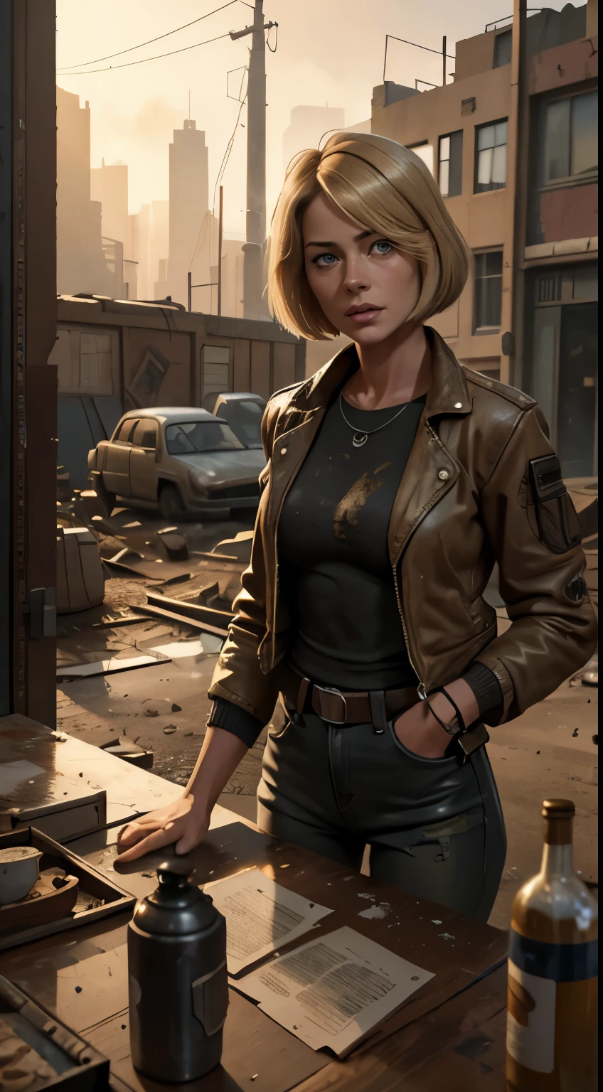 RAW photo of 50 years old Doutzen Kroes (short blond hair, bob cut) wear dirty jacket,  mature woman, masterpiece, best quality, (photorealistic:1.4), Create dystopian masterpieces. Depict the cityscape in the gritty style of the game's concept art. This work should evoke a sense of abandonment and despair in a futuristic, post-apocalyptic world. Notice the intricacies of detail, the sharp focus.