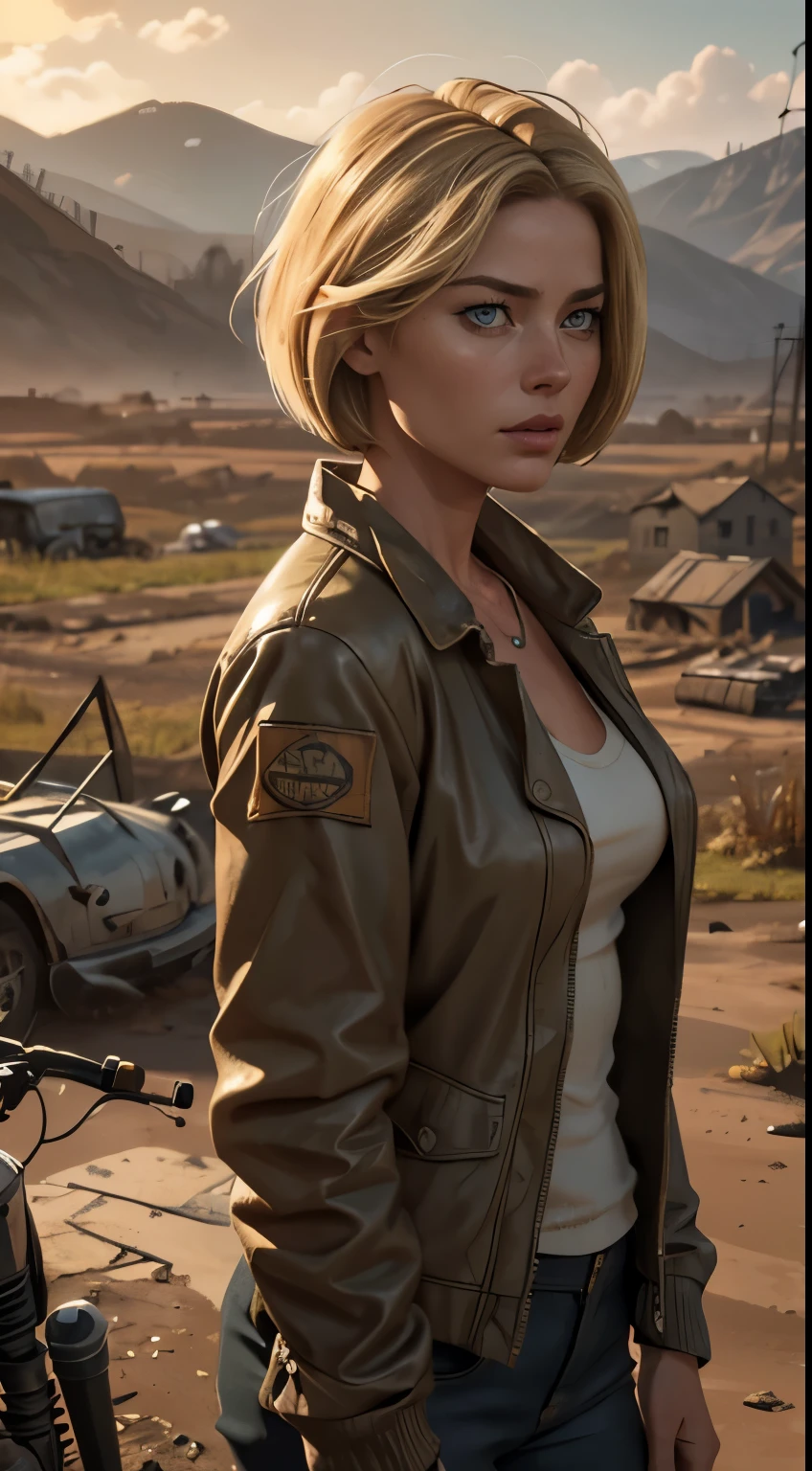 RAW photo of 50 years old Doutzen Kroes (short blond hair, bob cut) wear dirty jacket, mature woman, masterpiece, best quality, (photorealistic:1.4), Create dystopian masterpieces. Depict a rural landscape in the rugged style of the game's concept art. This work should evoke a sense of abandonment and despair in a futuristic, post-apocalyptic world. Notice the intricacies of detail, the sharp focus.
