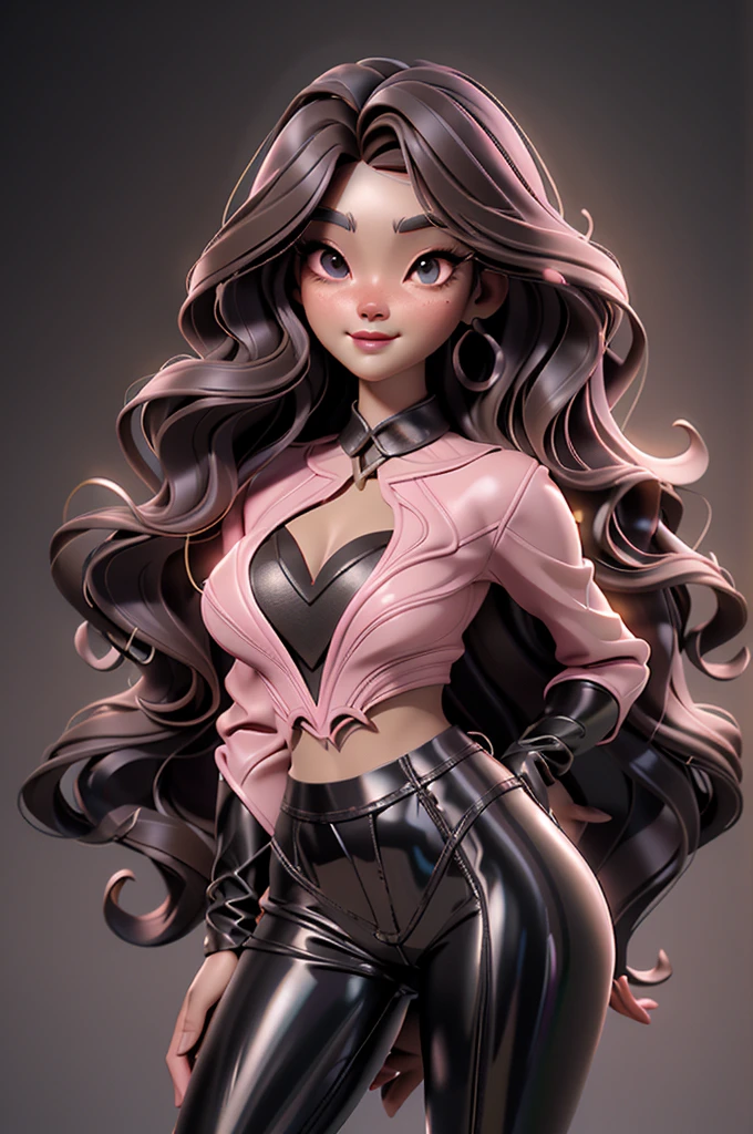 Stained glass style art of full body portrait of the beautiful goddess Nani Pelekai with long wavy brown diamond hair, wearing a tight black leather pants with a black crop top exposing part of the cleavage、Photorealsitic、highcontrast、Highly detailed background, Realistic,ultra-detailliert, super detailed skin, dark makeup blush pink lips, eyeliner, eyelashes, black eyes, light detailed eyes, soft smile, light glow, Film grain, Expro II, Lens Flare, Sharpen, cinematic shadow, Highly detailed background, Realistic,ultra-detailliert, super detailed skin, light glow, Film grain, Expro II, Lens Flare, Sharpen, cinematic shadow, anime face