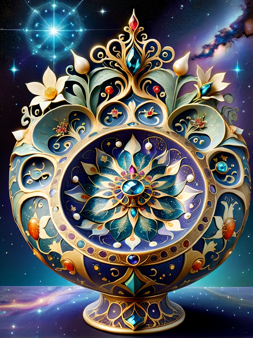 Create an image of an ornate ceramic vessel that embodies the utmost beauty of the decorative arts style. The vessel should have an elegant and smooth shape, reminiscent of a blooming flower. Its surface should be adorned with intricate patterns and textures based on bold colors and contrasts, comprising complex geometric shapes and organic curves. These patterns should include mysterious symbols and emblems, suggesting ancient and profound meanings, depicted with a metallic texture as if made from stars and gems of the galaxy, radiating enchanting light. The surface of the vessel is also embellished with tiny, exquisite jewel-like decorations made of gems, glass, and pearls, scattered like stars across the night sky. At the center of the vessel, there should be a large, sparkling crystal, surrounded by delicate and beautiful floral and plant patterns, symbolizing wisdom, magic, and purity. This ceramic vessel is a fusion of intricate patterns, magnificent colors, and luxurious decorations, creating a myste