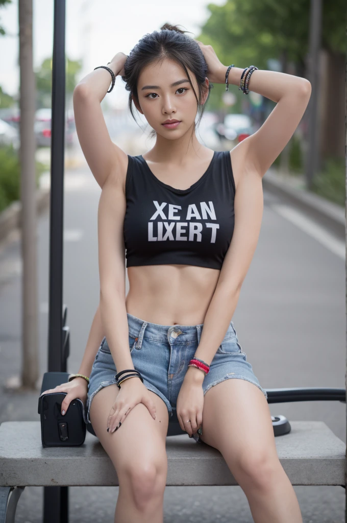 Dslr photo, (extraarms:1.2), (8k, 4k, masterpiece),beautiful pretty filipina asian woman, punk, outdoors, street, sleeveless black cropped shirt, denim shorts, short dark hair, bracelets, arm bands, blurry background, (upper hands on head), (lower hands on hips), (lower hands on legs), (lower hands on bench), (elbows out), boots, full subject in frame, full body view, sitting on bench, (extraarms:1.2), (four arms), slim body,