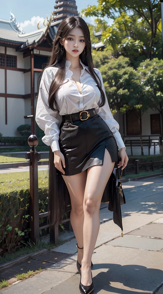 highest resolution, 4K, 8K, Maximum clarity, (นักศึกษาthailand, woman, half-caste, thailand, Japan, Korea, Height 173 centimeters), (Beautiful face, แต่งBeautiful face, Double eyelids, red lips), (long hair, long hair, long hair, black, long hairถึงพื้น, straight hair), (womanที่สวยงาม, The texture is realistic.), (เสื้อเชิ้ตแขนshortสีขาว, collar shirt, Thin shirt, gold shirt buttons), (gigantic breasts, big breastsโต, Breast augmentation, เต้าBig tits, Big tits, Plump milk, Fluffy milk), (กระโปรงดินสอblack, short, กระโปรงพร้อมbeltwoman, tight skirt), (Symmetrical shape, sexy figure, small waist, big breasts, Long legs, Beautiful thighs), (รองเท้าส้นสูงblackสนิท), (decorations, earring, clock, pin, belt, wrist profit), full body photo, Look at every part of the body., ((stand)), dynamic gesture, (university backdrop, Building Building, university building, lawn, outdoor sports field, garden)
