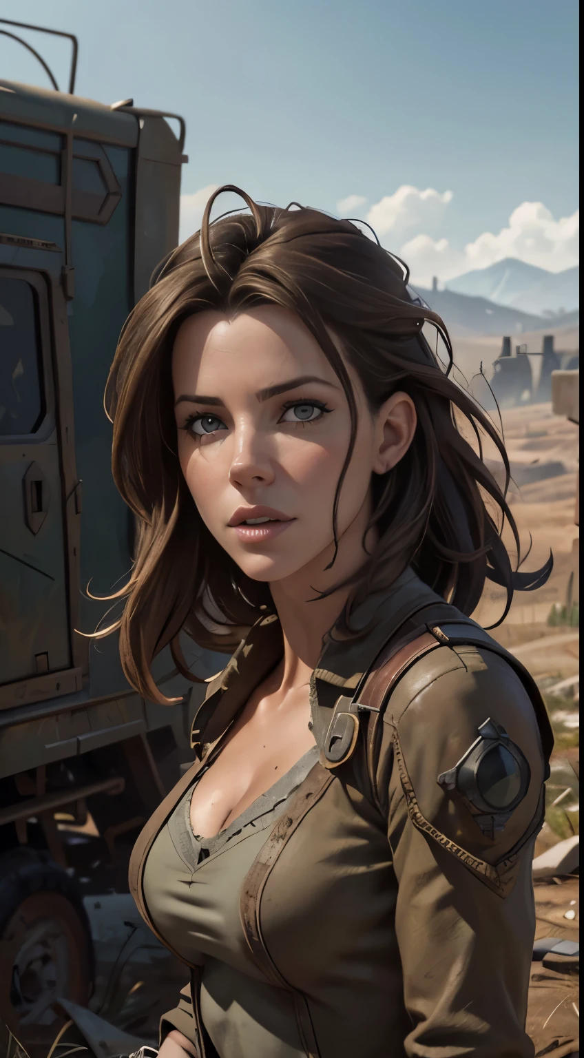 Foto hiperrealista en primer plano de Kate Beckinsale, masterpiece, best quality, (photorealistic:1.4), Create dystopian masterpieces. Depict a rural landscape in the rugged style of the game's concept art. This work should evoke a sense of abandonment and despair in a futuristic, post-apocalyptic world. Notice the intricacies of detail, the sharp focus.