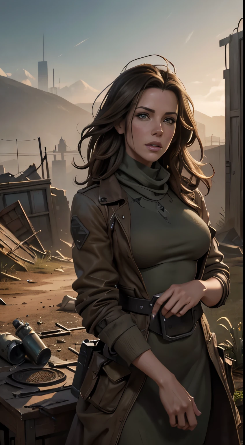 Foto hiperrealista en primer plano de Kate Beckinsale, masterpiece, best quality, (photorealistic:1.4),  Create dystopian masterpieces. Depict a rural landscape in the rugged style of the game's concept art. This work should evoke a sense of abandonment and despair in a futuristic, post-apocalyptic world. Notice the intricacies of detail, the sharp focus.