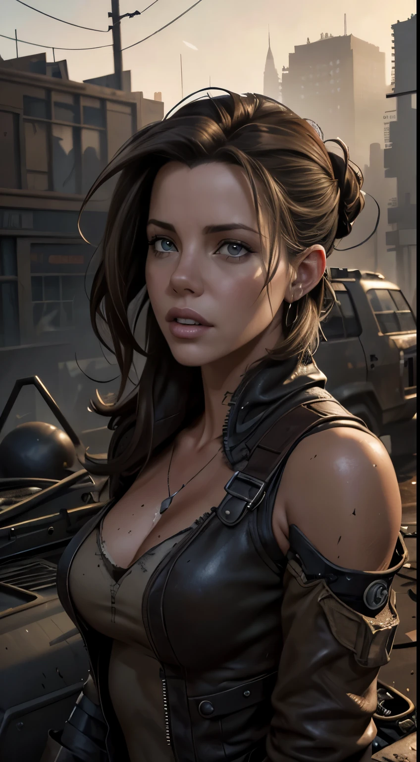 Foto hiperrealista en primer plano de Kate Beckinsale, masterpiece, best quality, (photorealistic:1.4),  Create dystopian masterpieces. Depict the cityscape in the gritty style of the game's concept art. This work should evoke a sense of abandonment and despair in a futuristic, post-apocalyptic world. Notice the intricacies of detail, the sharp focus.