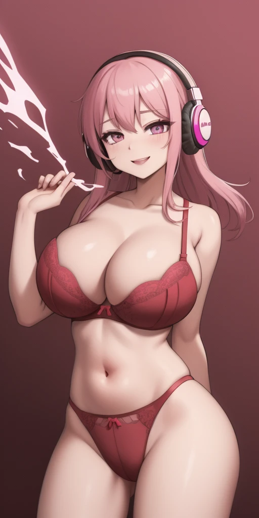 (best quality,4K,8k,high resolution,masterpiece:1.2),Super detailed, anime style, vaporwave aesthetics, line art, huge breasts, bimbo, Slim thicc dead:1.5, dark red bra, 带花边的dark red bra，Purple and pink background, become sunny, posture:1.5, Wearing large headphones, dead, seductiveexpression:1.2, Smile，性感posture，extrusion，Almost exploding