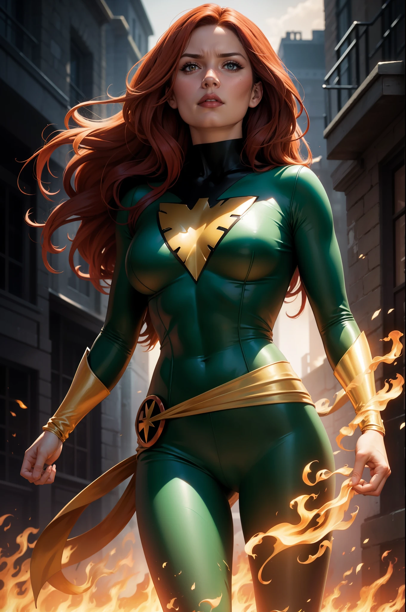 Jeangrey,X-men,Pheonixcostume,superhero,vibrantcolors,fierceexpression,detailedeyes,longredhair,burningflames,telekinesis,emotional,intensebattle,mysticalbackground,bestquality,highreshighlightedoutline,comicbookstyle,widescreenformat,contrastadjusted,hdr,crispdetails,energeticlighting, large breasts, sexy