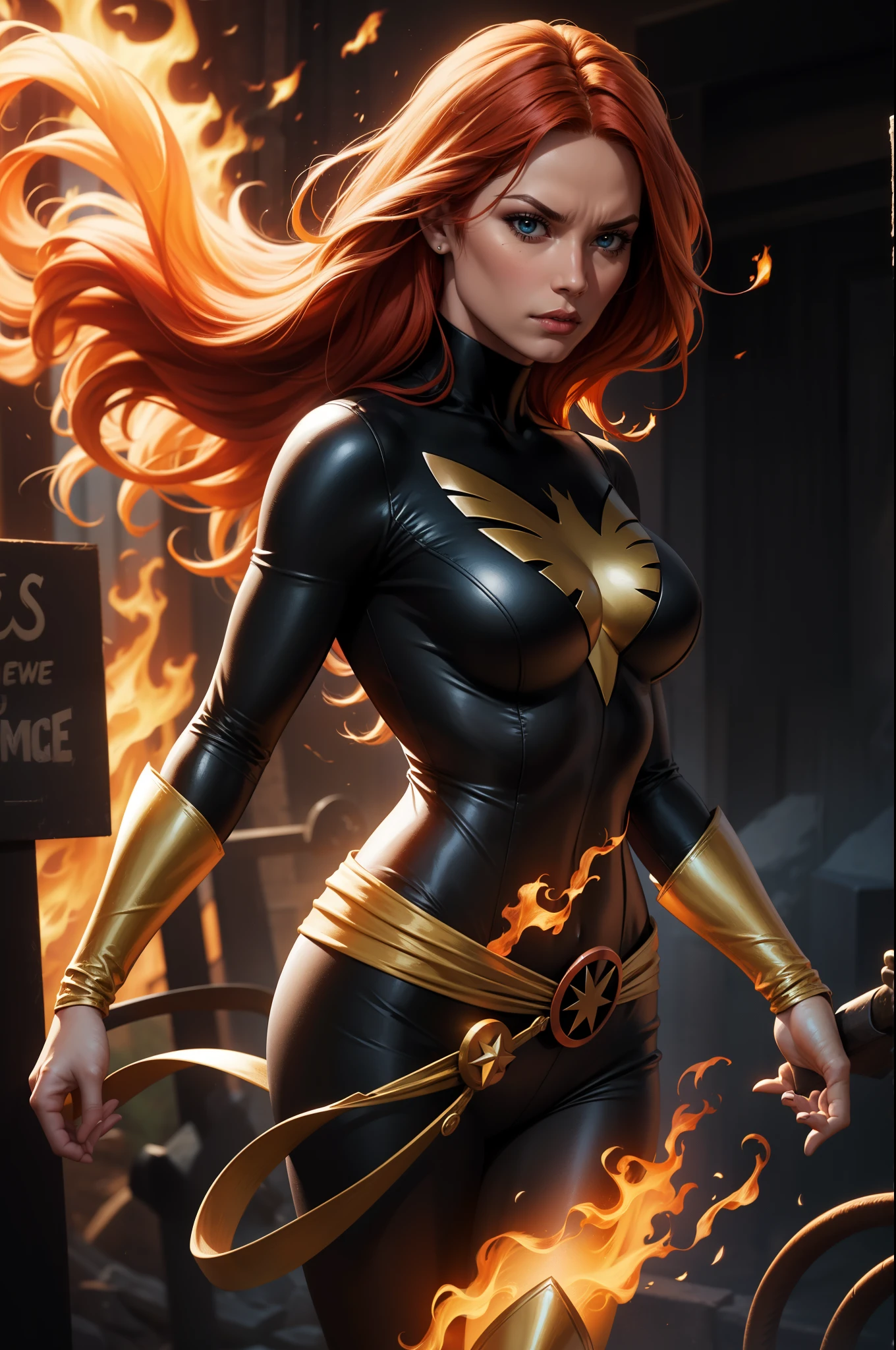 Jeangrey,X-men,Pheonixcostume,superhero,vibrantcolors,fierceexpression,detailedeyes,longredhair,burningflames,telekinesis,emotional,intensebattle,mysticalbackground,bestquality,highreshighlightedoutline,comicbookstyle,widescreenformat,contrastadjusted,hdr,crispdetails,energeticlighting, large breasts, sexy