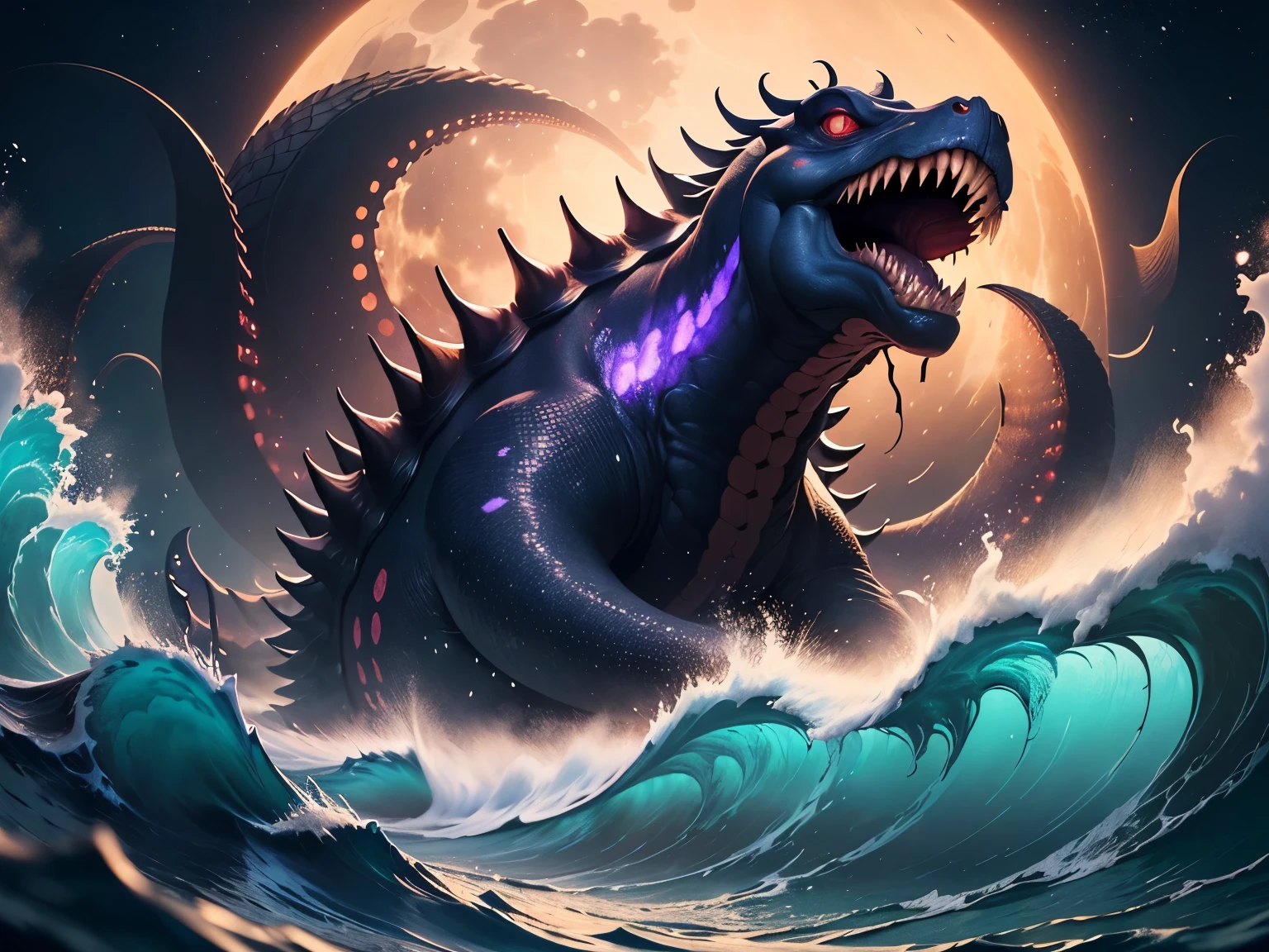 A gigantic octopus-like sea monster rips through the ocean, roaring with all it's anger waves surround him, the dark ocean only reflects the big white moon behind the serpent, the sky in purple and red colours, the pirate ship firing the canon at the sea monster.