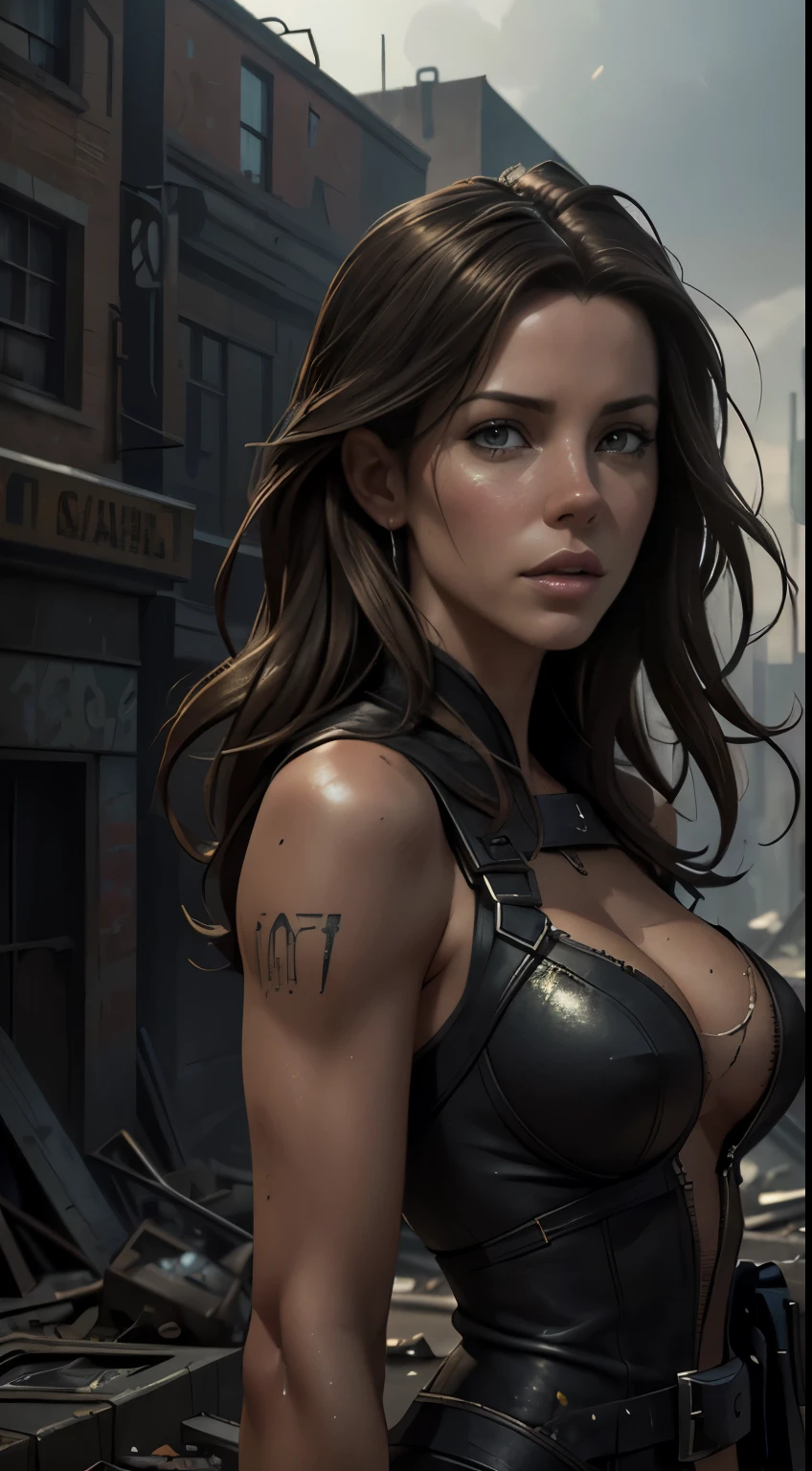 Foto hiperrealista en primer plano de Kate Beckinsale, masterpiece, best quality, (photorealistic:1.4), Create dystopian masterpieces. Depict the cityscape in the gritty style of the game's concept art. This work should evoke a sense of abandonment and despair in a futuristic, post-apocalyptic world. Notice the intricacies of detail, the sharp focus.