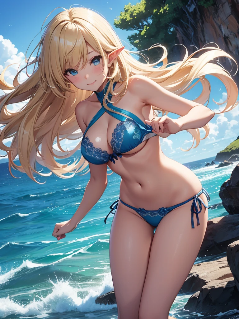 highest quality、Highest image quality、masterpiece、Super beautiful elf girl facing backwards((22 years old OL big bust、Bust 98,beautiful long ironed hair、blonde、、nice buddy、slender、Close-up、Esbian、High quality、beautiful art、background blue sky sunny sky、beautiful sea、Mid summer、muste piece、visual art、Depth of bounds written、low angle of morning sky、magic of light、space knight、、A happy smile、gentle light、、Beautiful legs that are gentle on the skin、、、Number of fingers to achieve precise finger movements、ticker beautiful decorative、elegant、mystical rosa、 beautiful dressy、、、renaissance art、friendly smile、美しいプリズム青水着ビキニ👙セパレート、Bra and panties separate、Bikini Gravure、Sea of Coral、Hawaii、intense action、Powerful angles、MAX sense of speed、jump、beautiful butt、big ass、back view