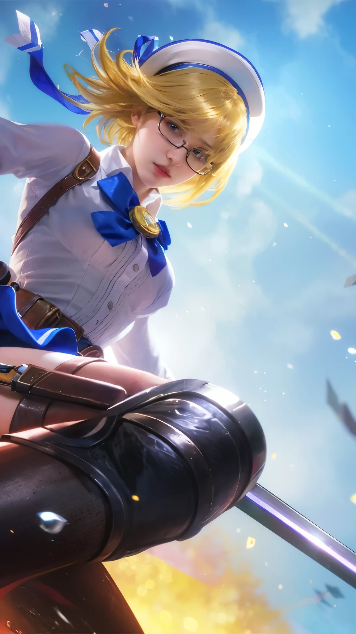 (8k, best quality, masterpiece:1.2), (realistic, photo-realistic:1.37), ultra-detailed, detail fingers, realistic fingers, realistic hand, A detailed portrait of 1 girl 21 year old, e girl, cool outfits, eyes looking at the camera, holding sword, pale skin, perfect body, blue eyes, blond hair. The scene is illuminated with professional lighting, photon mapping, and radiosity, with Tetsuya Nomura Style. Blur bokeh effect, realistic light, glasses