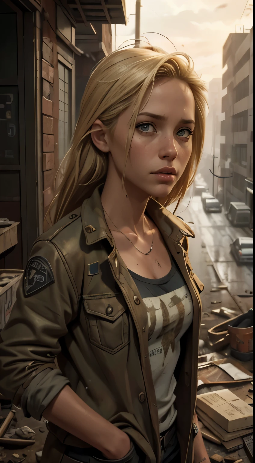 Foto hiperrealista en primer plano de 20 years old Maria Bello (blond dirty hair) wear dirty cloths, masterpiece, best quality, (photorealistic:1.4), Create dystopian masterpieces. Depict the cityscape in the gritty style of the game's concept art. This work should evoke a sense of abandonment and despair in a futuristic, post-apocalyptic world. Notice the intricacies of detail, the sharp focus.