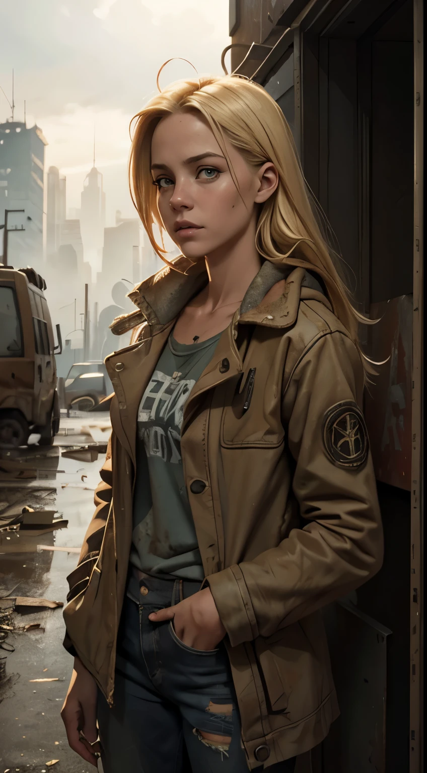 Foto hiperrealista en primer plano de 20 years old Maria Bello (blond dirty hair) wear dirty cloths, masterpiece, best quality, (photorealistic:1.4), Create dystopian masterpieces. Depict the cityscape in the gritty style of the game's concept art. This work should evoke a sense of abandonment and despair in a futuristic, post-apocalyptic world. Notice the intricacies of detail, the sharp focus.