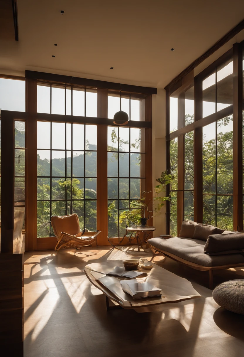 Interior design、Crazy detailed wide angle building photos、cozy contemporary living room、(Bright warm sunshine1:0.1)、屡获殊荣的当代Interior design、landscape、DL、a chair、in the house、wooden floor、window、dining room、east asia east asia architecture、sliding paper door、Lamp light、buliding、forest、Nature、cup、plant、Interior design、Insert lights and shadows、depth of field、low illumination