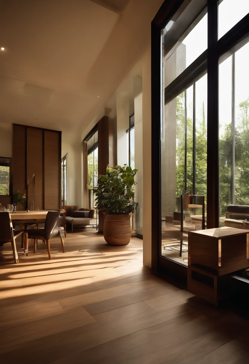 Interior design、Crazy detailed wide angle building photos、cozy contemporary living room、(Bright warm sunshine1:0.1)、屡获殊荣的当代Interior design、landscape、DL、a chair、in the house、wooden floor、window、dining room、east asia east asia architecture、sliding paper door、Lamp light、buliding、forest、Nature、cup、plant、Interior design、Insert lights and shadows、depth of field、low illumination