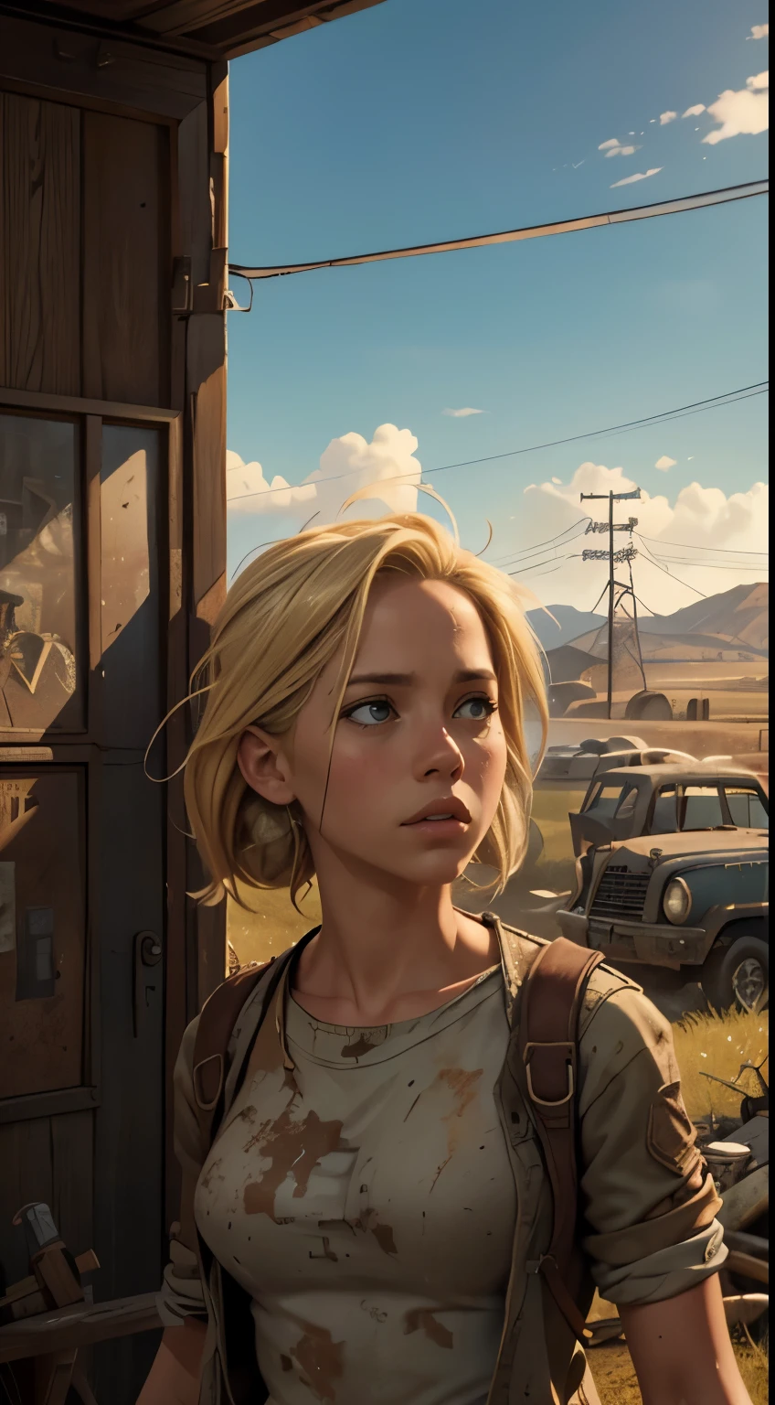 Foto hiperrealista en primer plano de 20 years old Maria Bello (blond hear) wear dirty cloths, masterpiece, best quality, (photorealistic:1.4),  Create dystopian masterpieces. Depict a rural landscape in the rugged style of the game's concept art. This work should evoke a sense of abandonment and despair in a futuristic, post-apocalyptic world. Notice the intricacies of detail, the sharp focus.