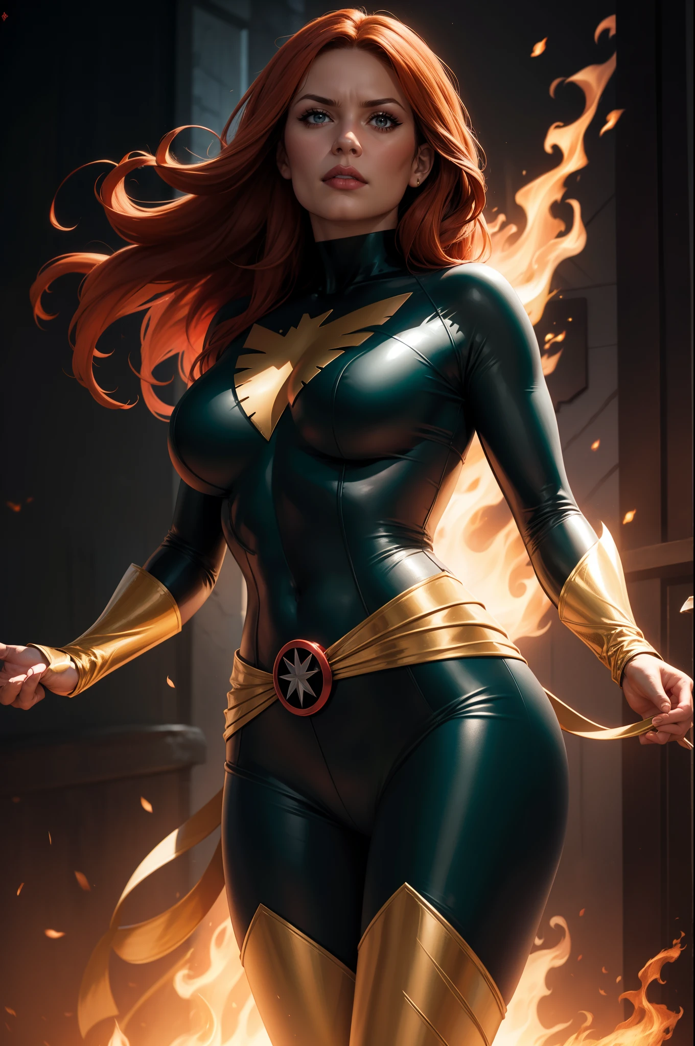 Jeangrey,X-men,Pheonixcostume,superhero,vibrantcolors,fierceexpression,detailedeyes,longredhair,burningflames,telekinesis,emotional,intensebattle,mysticalbackground,bestquality,highreshighlightedoutline,comicbookstyle,widescreenformat,contrastadjusted,hdr,crispdetails,energeticlighting, large breasts, sexy