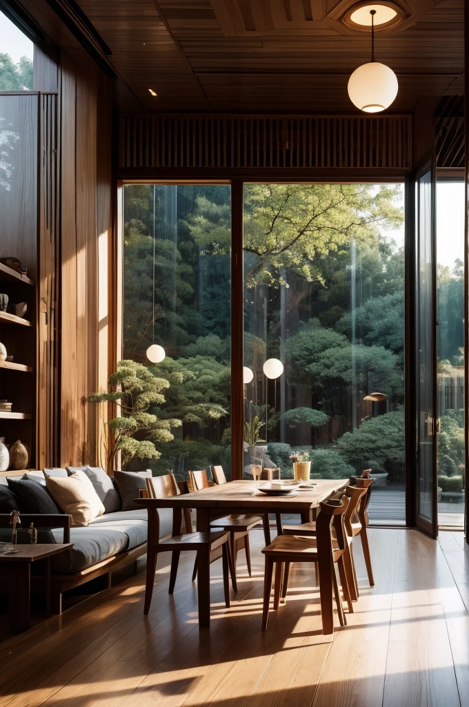 Interior design、Crazy detailed wide angle building photos、cozy contemporary living room、(Bright warm sunshine1:0.1)、屡获殊荣的当代Interior design、landscape、DL、a chair、in the house、wooden floor、window、dining room、east asia east asia architecture、sliding paper door、Lamp light、buliding、forest、Nature、cup、plant、Interior design、Insert lights and shadows、depth of field、low illumination