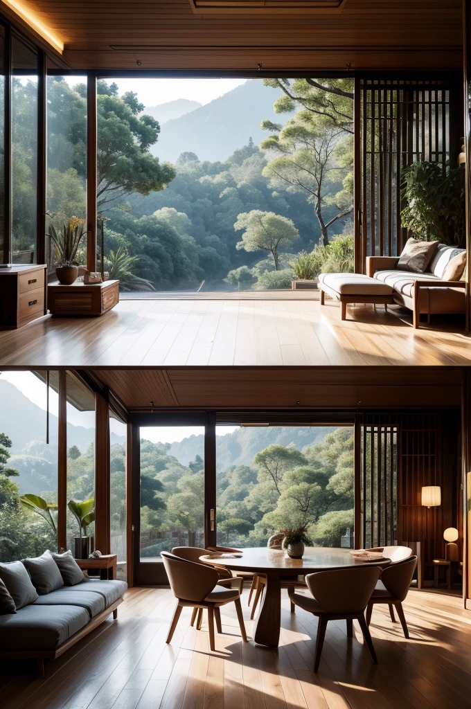 Interior design、Crazy detailed wide angle building photos、cozy contemporary living room、(Bright warm sunshine1:0.1)、屡获殊荣的当代Interior design、landscape、DL、a chair、in the house、wooden floor、window、dining room、east asia east asia architecture、sliding paper door、Lamp light、buliding、forest、Nature、cup、plant、Interior design、Insert lights and shadows、depth of field、low illumination