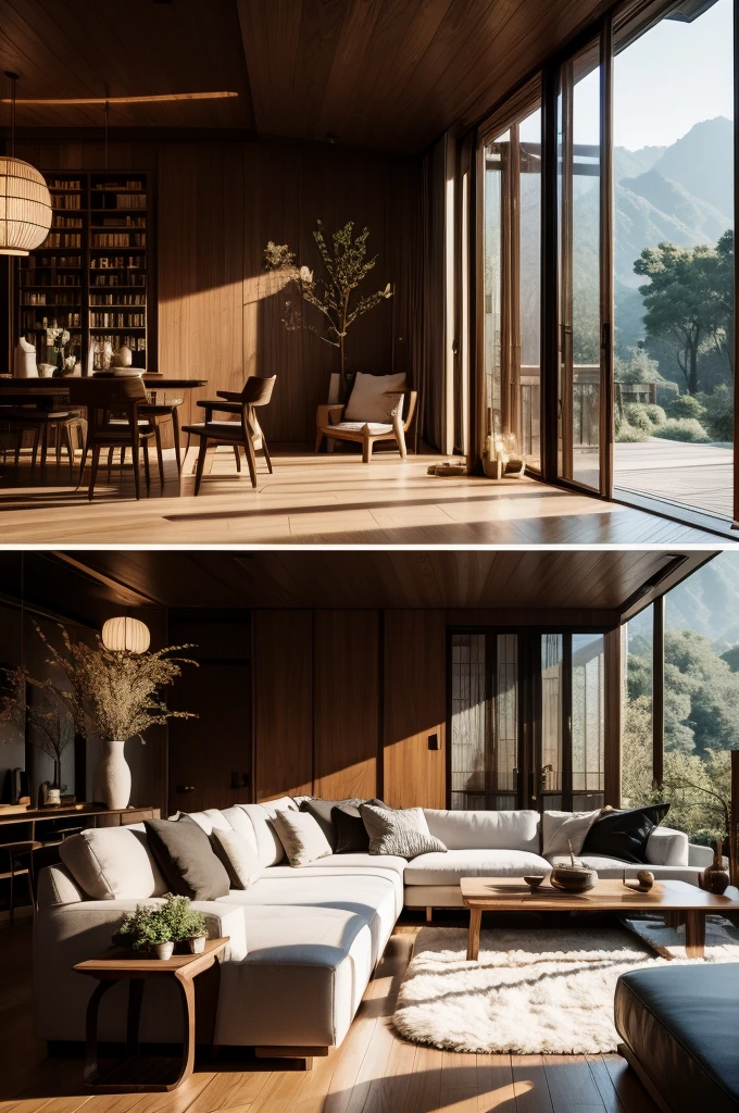 Interior design、Crazy detailed wide angle building photos、cozy contemporary living room、(Bright warm sunshine1:0.1)、屡获殊荣的当代Interior design、landscape、DL、a chair、in the house、wooden floor、window、dining room、east asia east asia architecture、sliding paper door、Lamp light、buliding、forest、Nature、cup、plant、Interior design、Insert lights and shadows、depth of field、low illumination