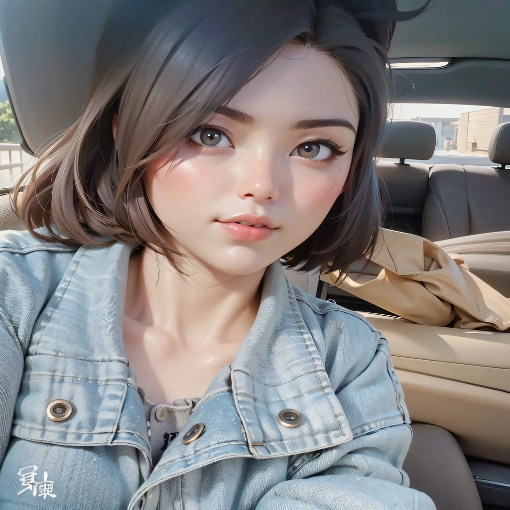 (best quality,8k),(actual:1.37),(detailed),(portrait),(bright colors),(studio lighting),(Bokeh),(Physically based rendering),(Ultra-fine painting),(sharp focus),(human development report),(ultra-detailed),(young woman),(age girl),(Chinese girl),(Chinese),(Sit in the car),(wearing a jeans jackets),(short hair)