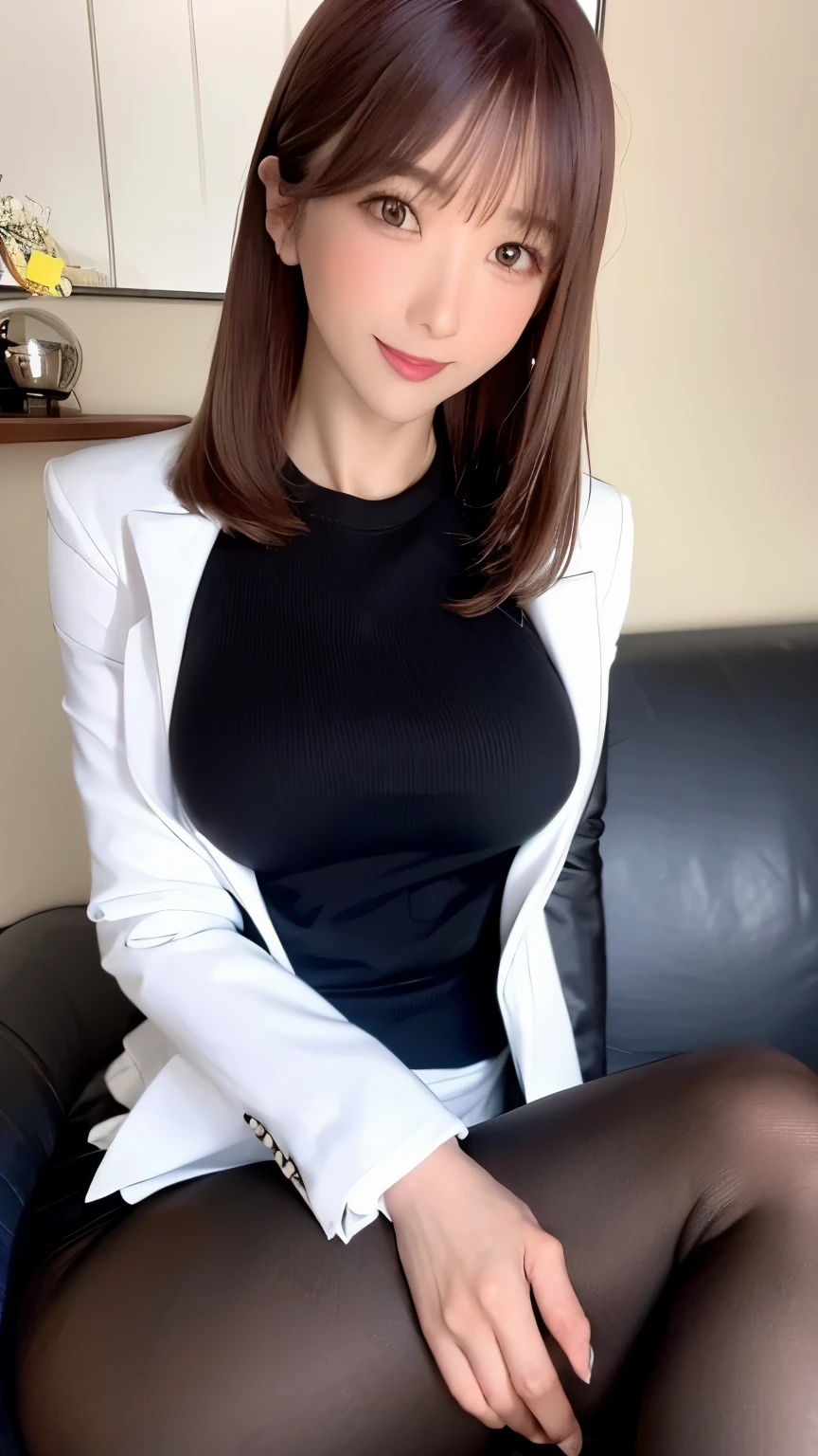 woman、１people、big breasts、highest quality、Beauty、black stockings、Light brown hair、white suit、Sitting on the couch with legs crossed、white panties、medium long hair、Slender body shape、The background is the living room