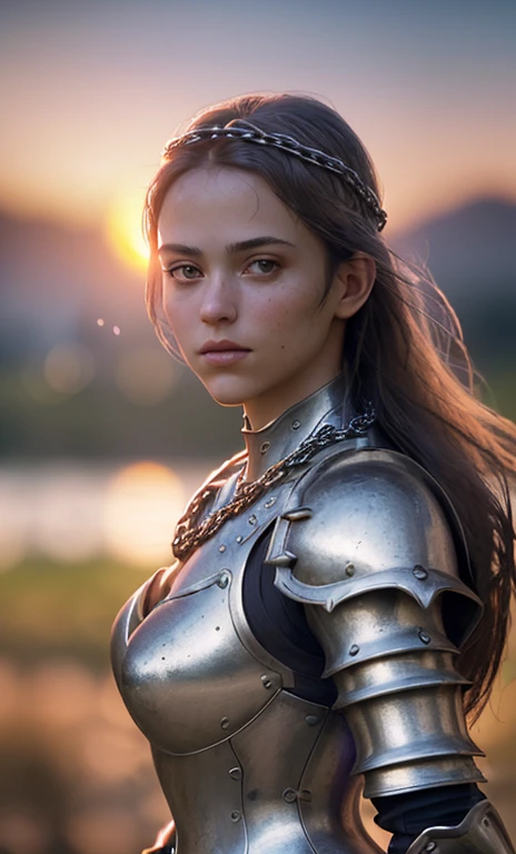 (masterpiece), (very complicated:1.3), (realistic), girl portrait, the most beautiful in the world, (medieval armor), metal reflection, Upper body, outdoor, intense sunlight, distant castle, Stunning female professional photo details, sharp focus, dramatic, Awards, cinematic lighting, Octane Rendering Unreal Engine, Volumetric DTX, (film grain, blurred background, blurred foreground, Bokeh, Depth of bounds written, sunset, motion blur:1.3), chain mail