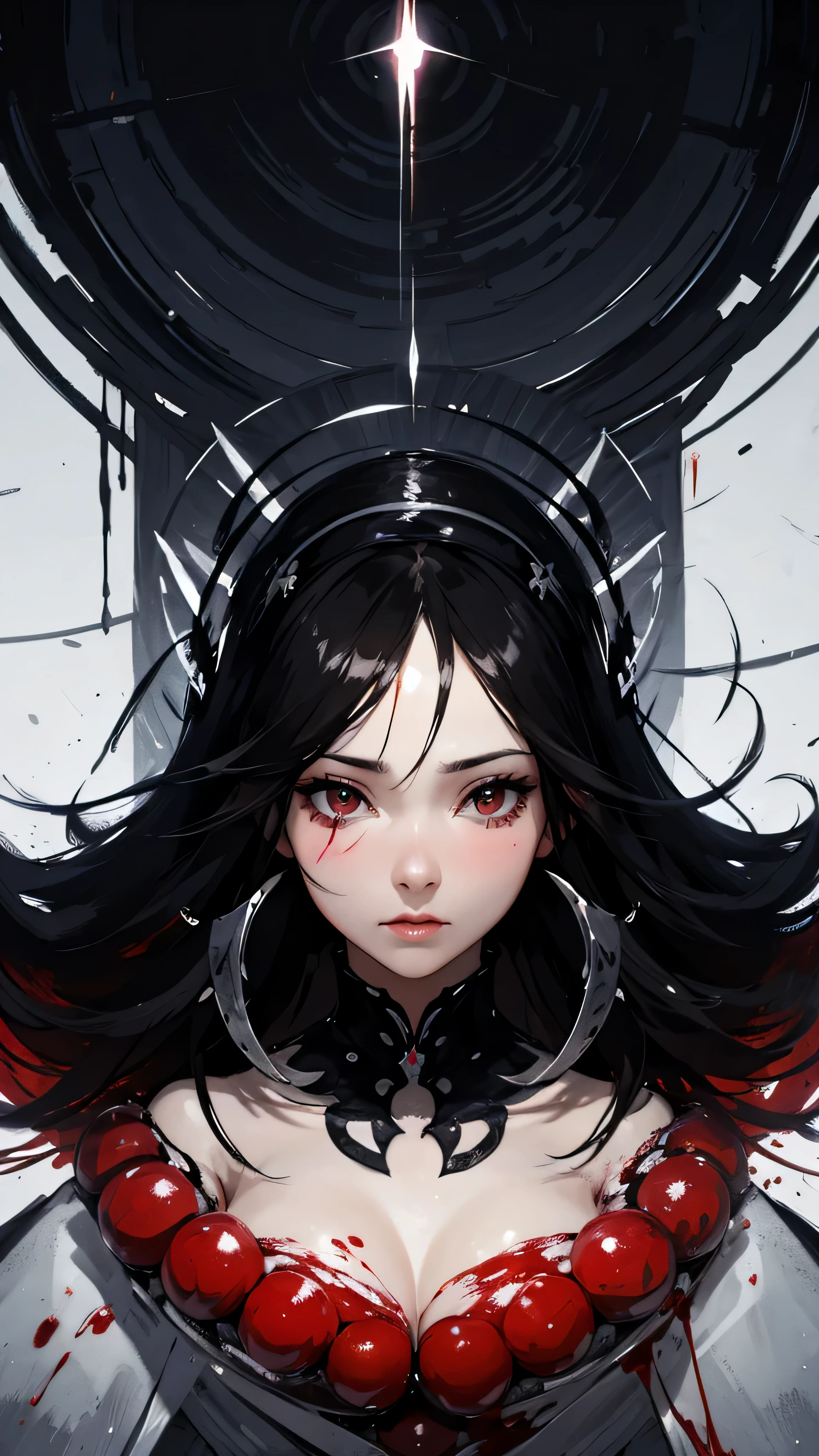 ((Highly detailed CG unit 8k wallpaper, masterpiece, High resolution, highest quality, highest qualityのリアルテクスチャスキン)), (very beautiful woman), (black hair, plump lips, white skin, ), (Blood, bent, sharp, nothingness), surreal, digital painting, concept art,